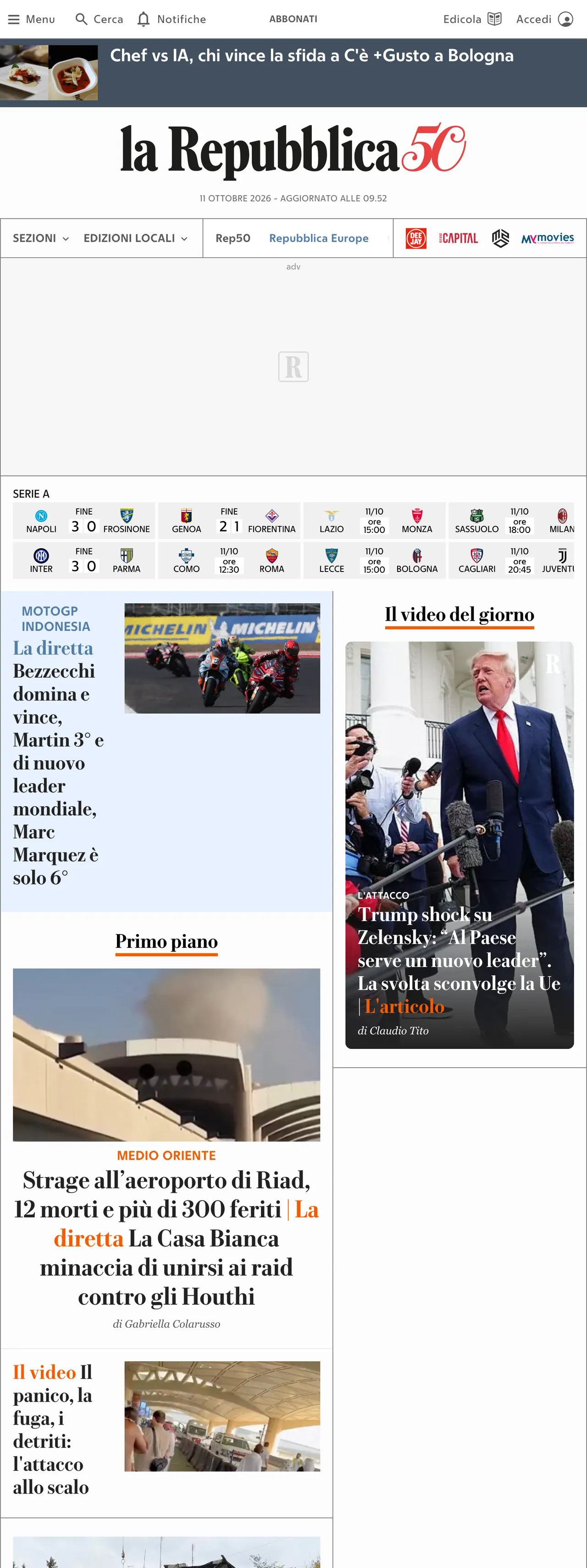 Screenshot of the la Repubblica front page
