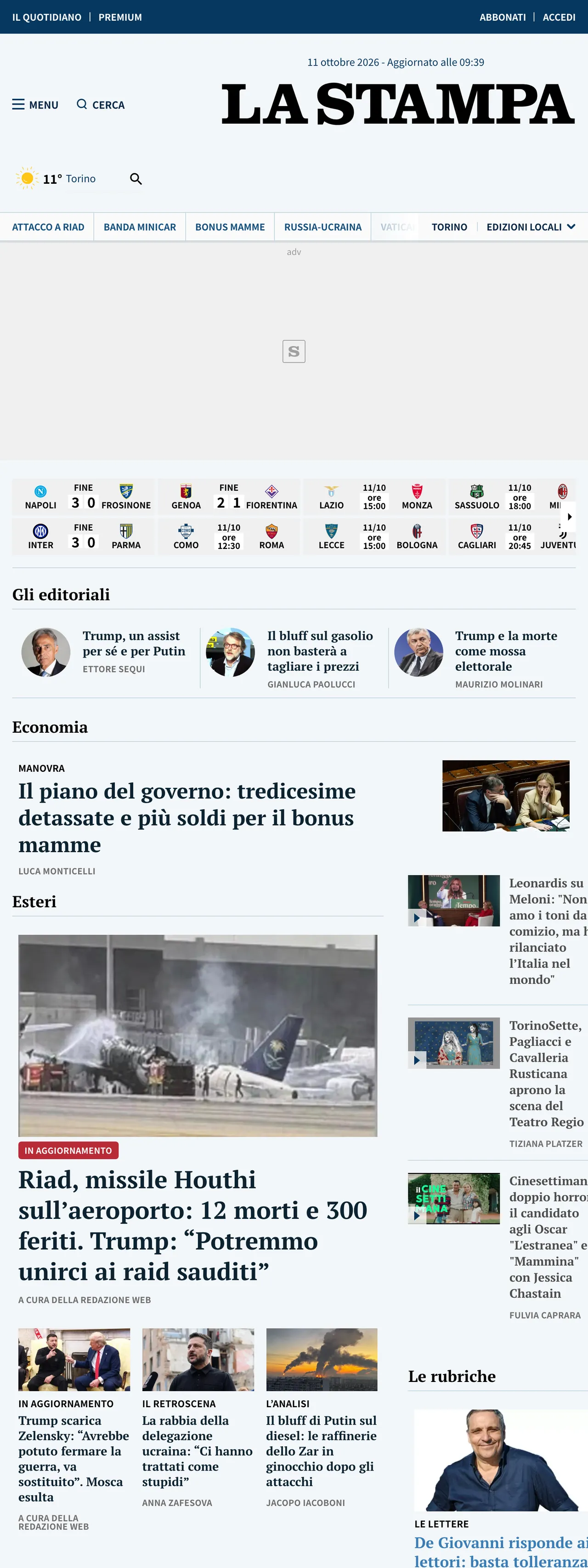 Screenshot of the La Stampa front page