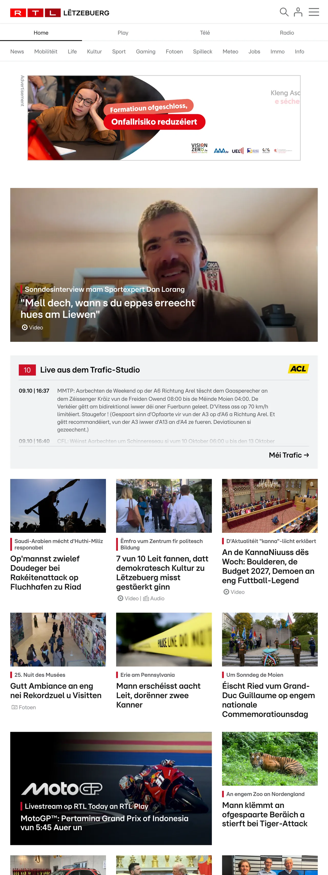 Screenshot of the RTL Lëtzebuerg front page