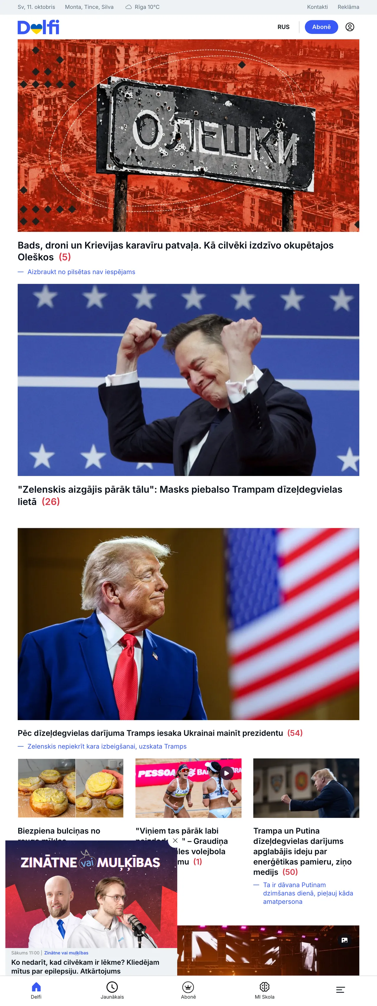 Screenshot of the Delfi front page
