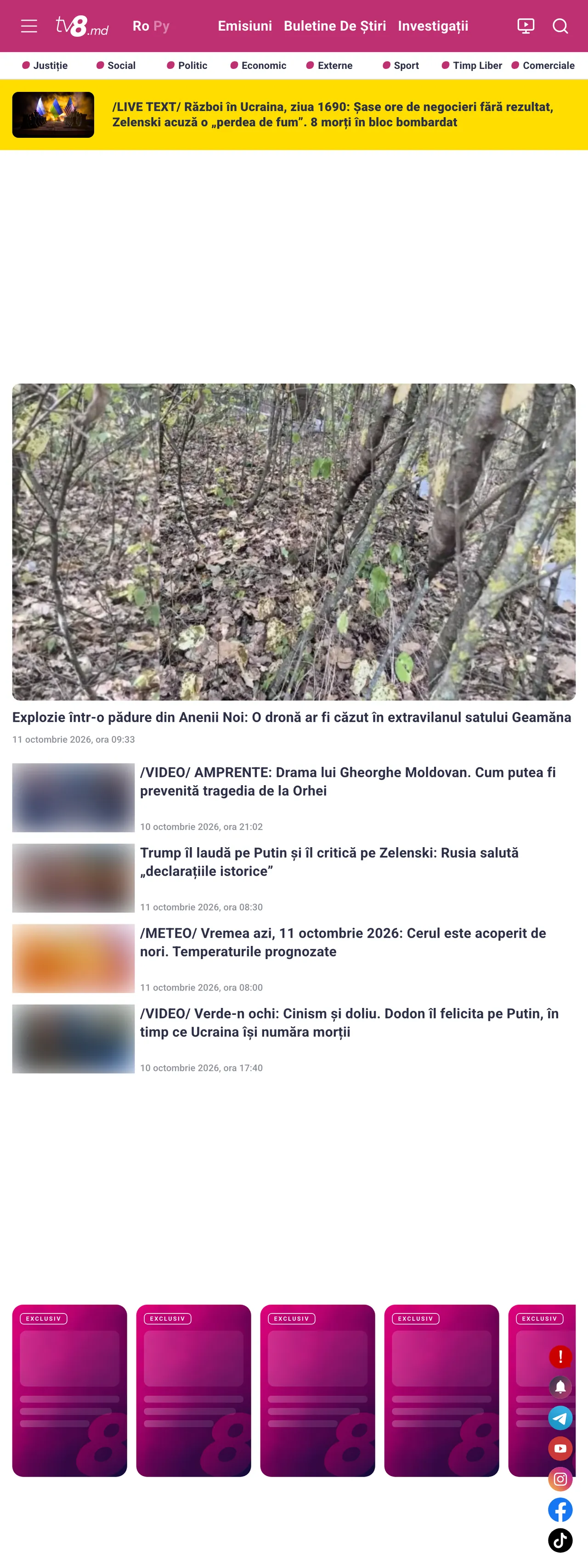 Screenshot of the TV8 front page