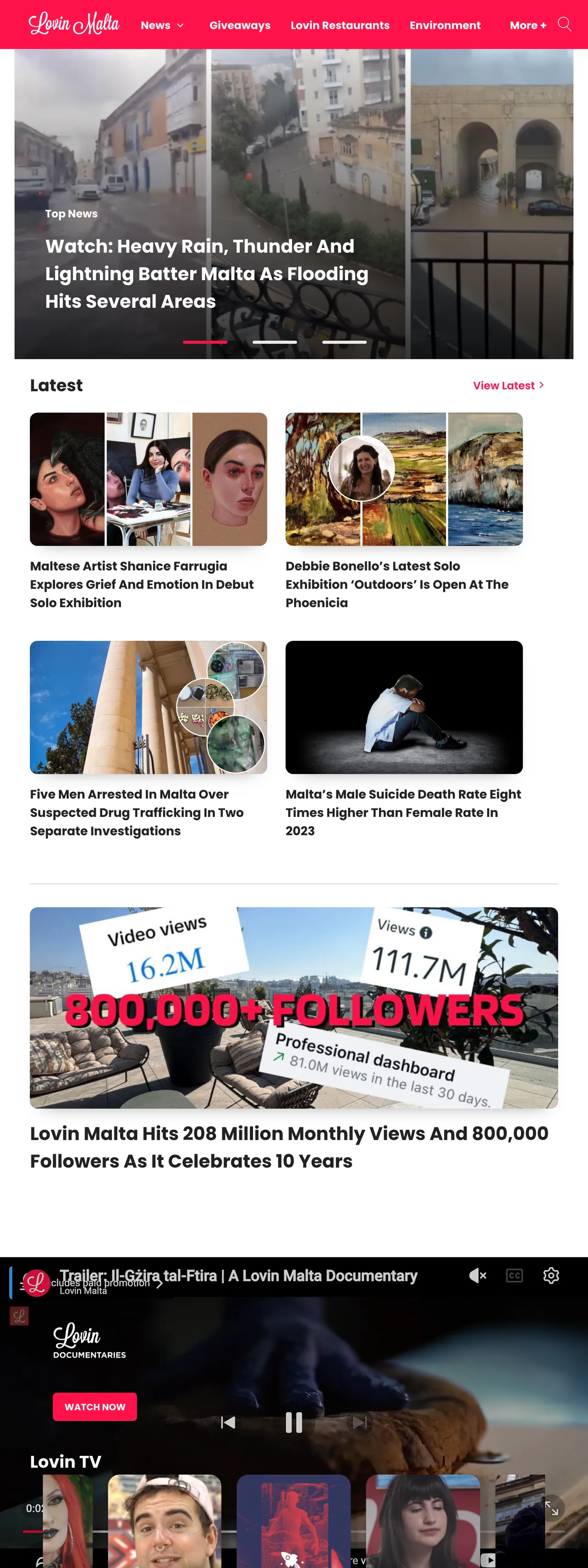 Screenshot of the Lovin Malta front page