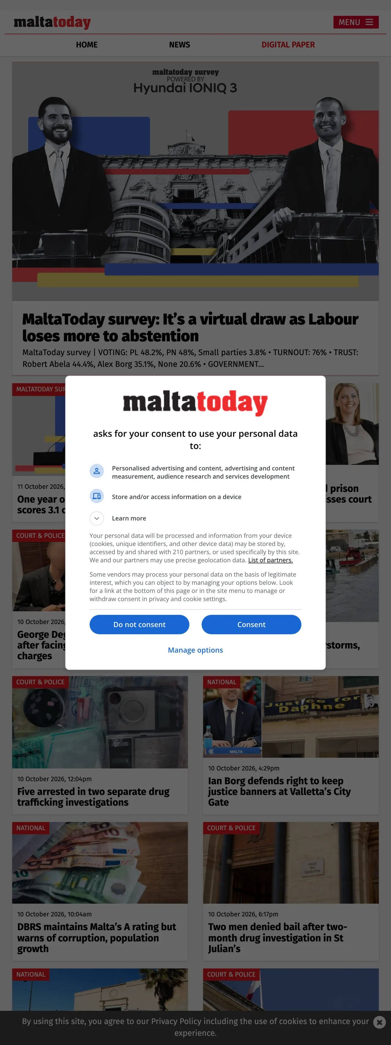Screenshot of the Malta Today front page