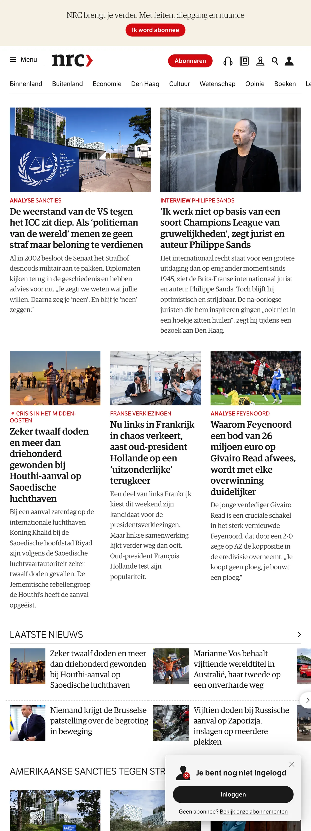 Screenshot of the NRC front page