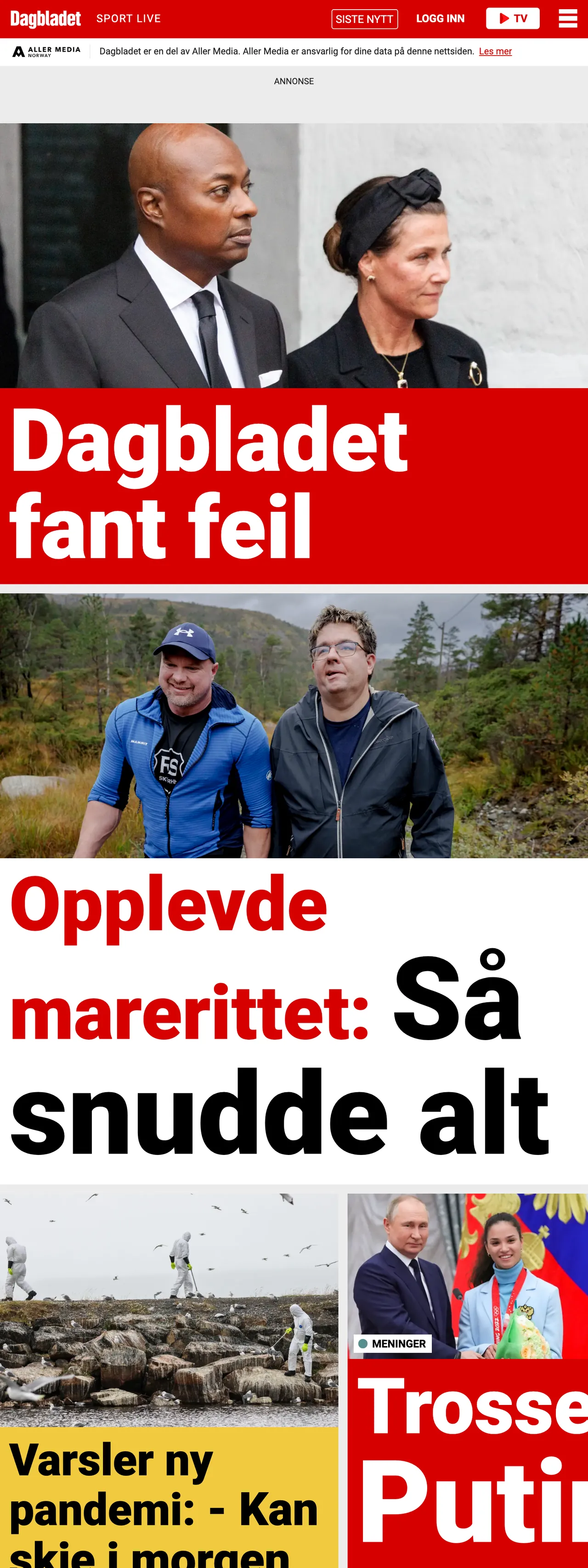 Screenshot of the Dagbladet front page