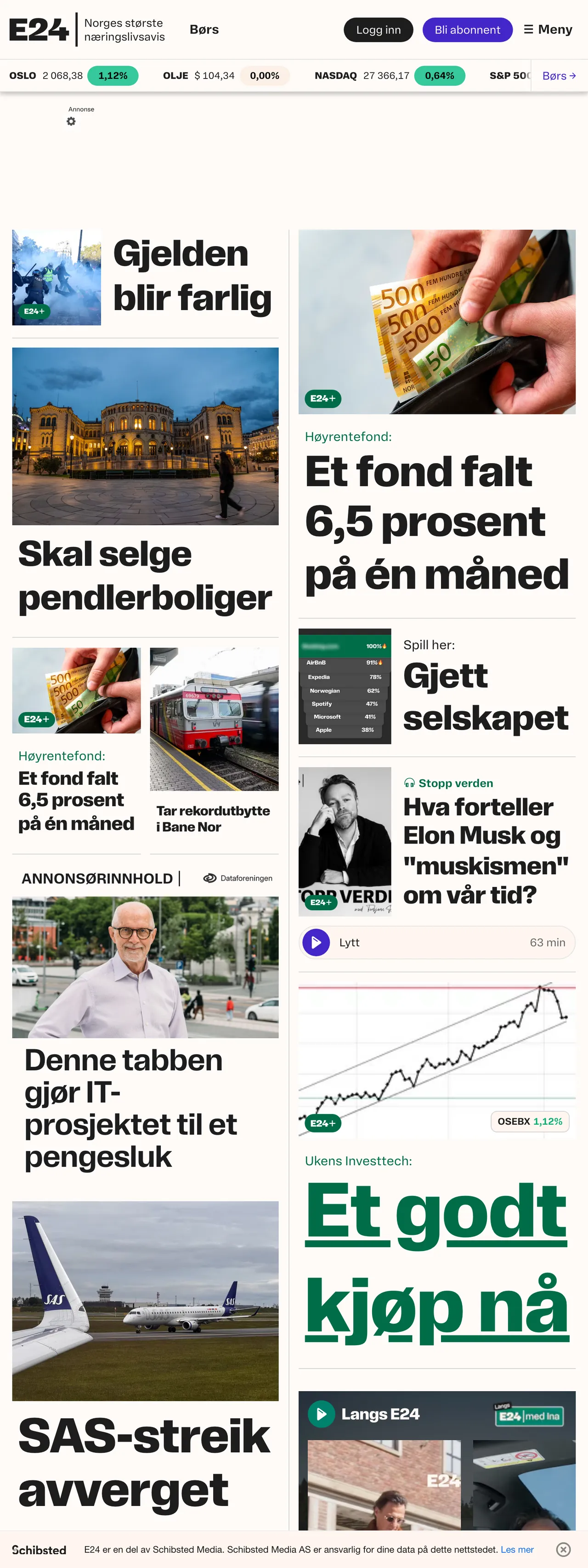 Screenshot of the E24 front page