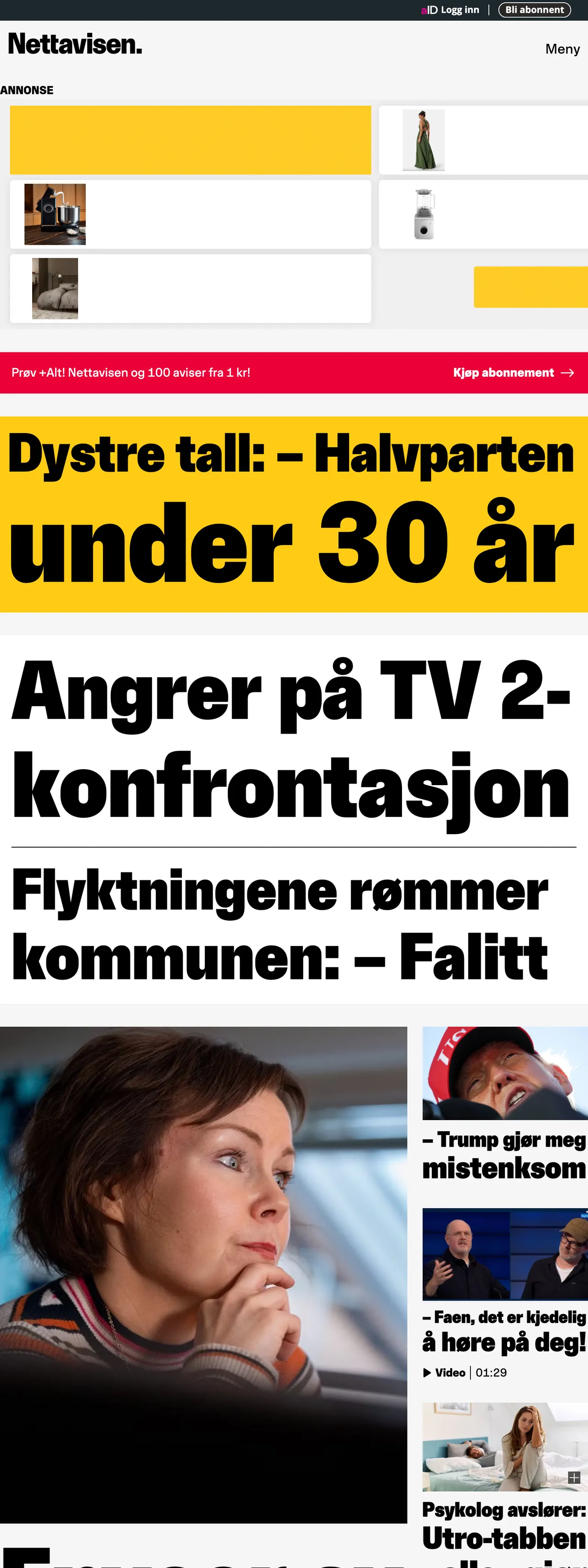 Screenshot of the Nettavisen front page