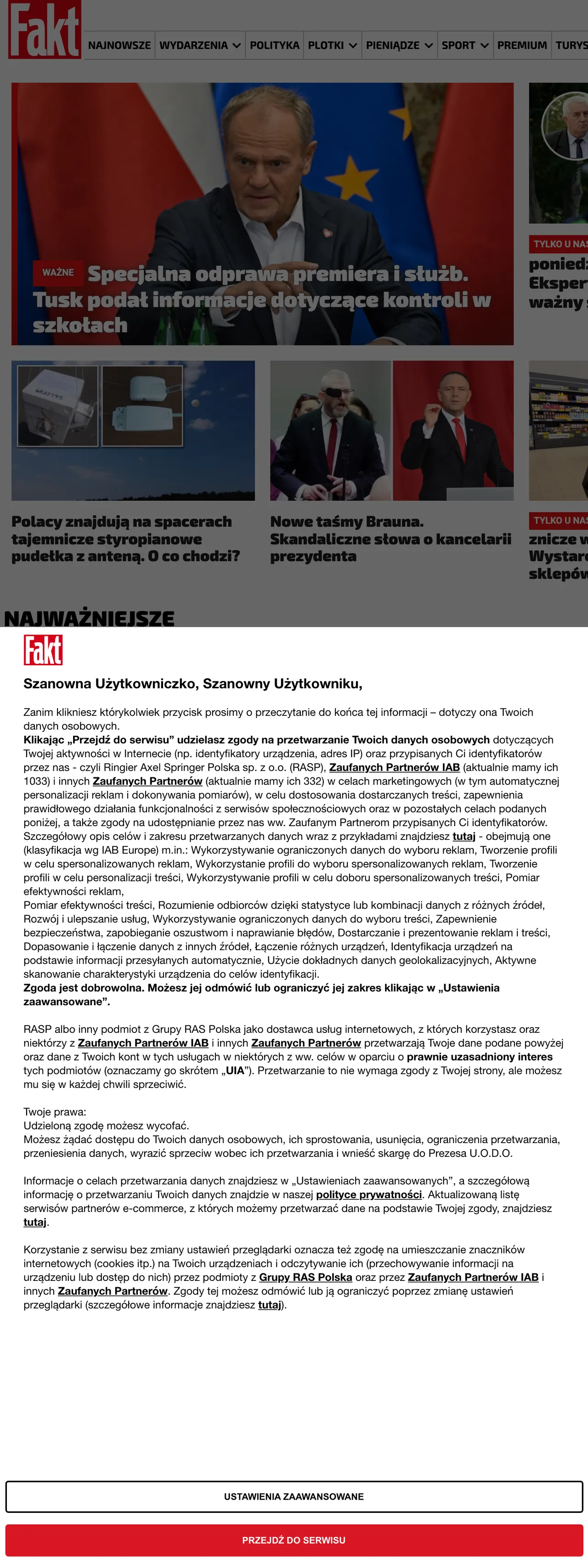 Screenshot of the Fakt front page
