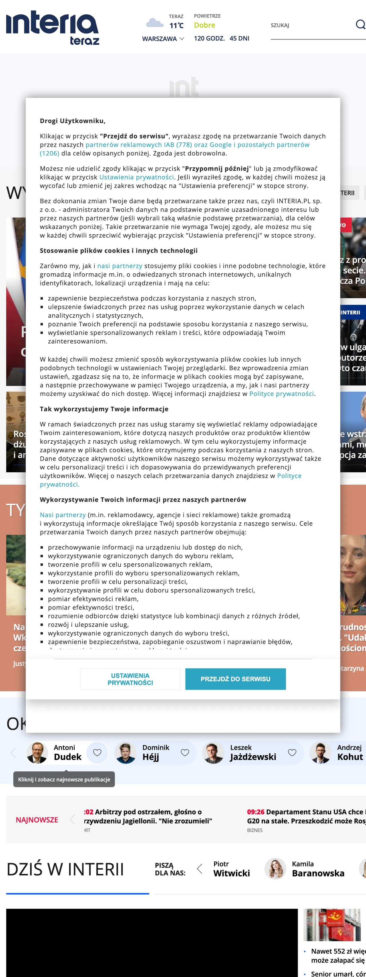 Screenshot of the Interia front page