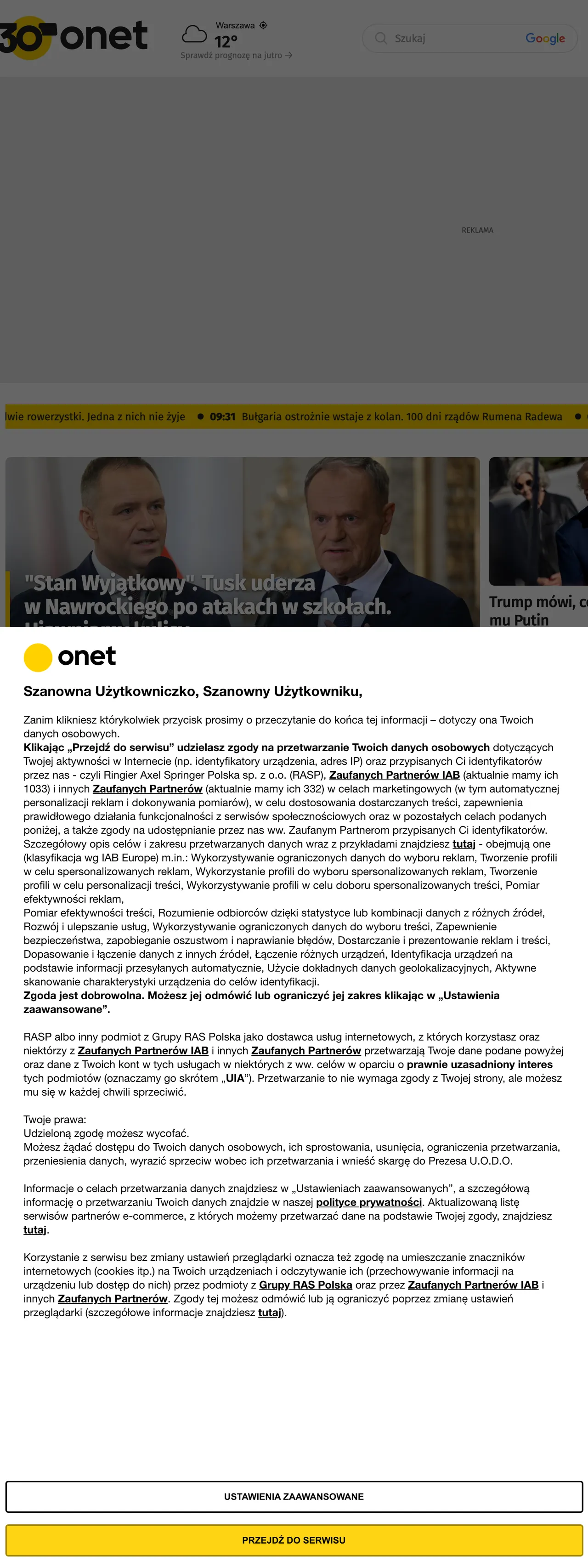 Screenshot of the Onet front page