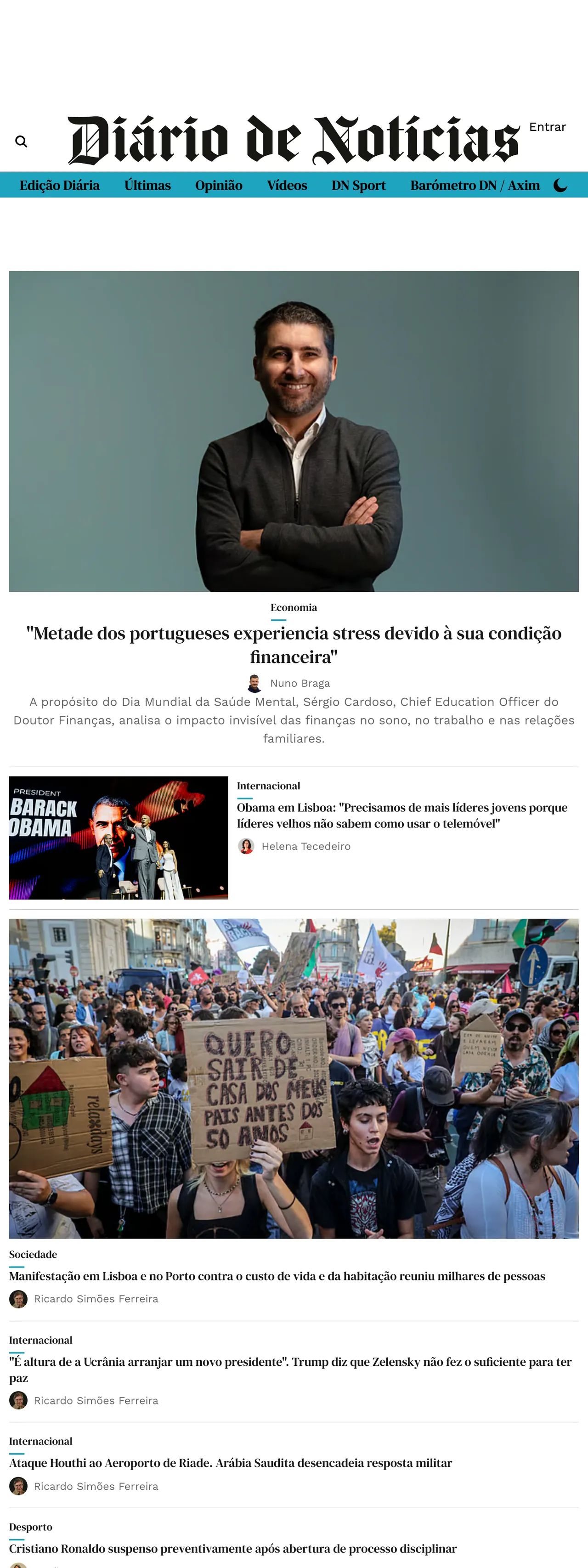 Screenshot of the Diário de Notícias front page