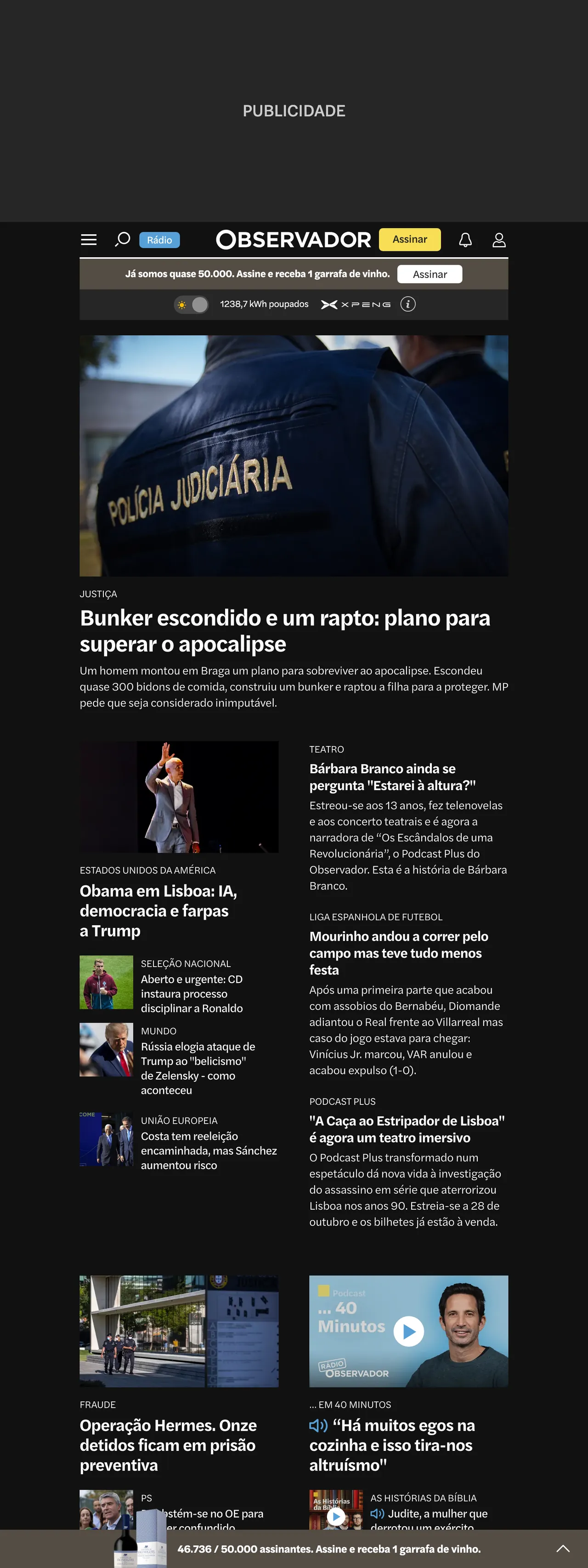 Screenshot of the Observador front page