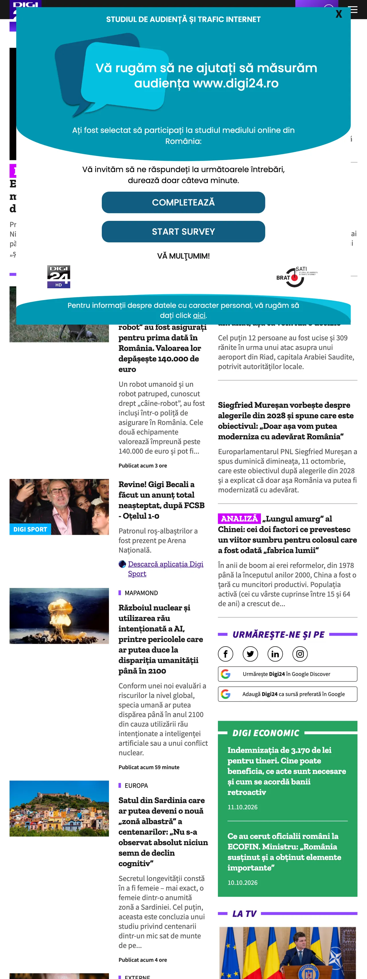 Screenshot of the Digi24 front page