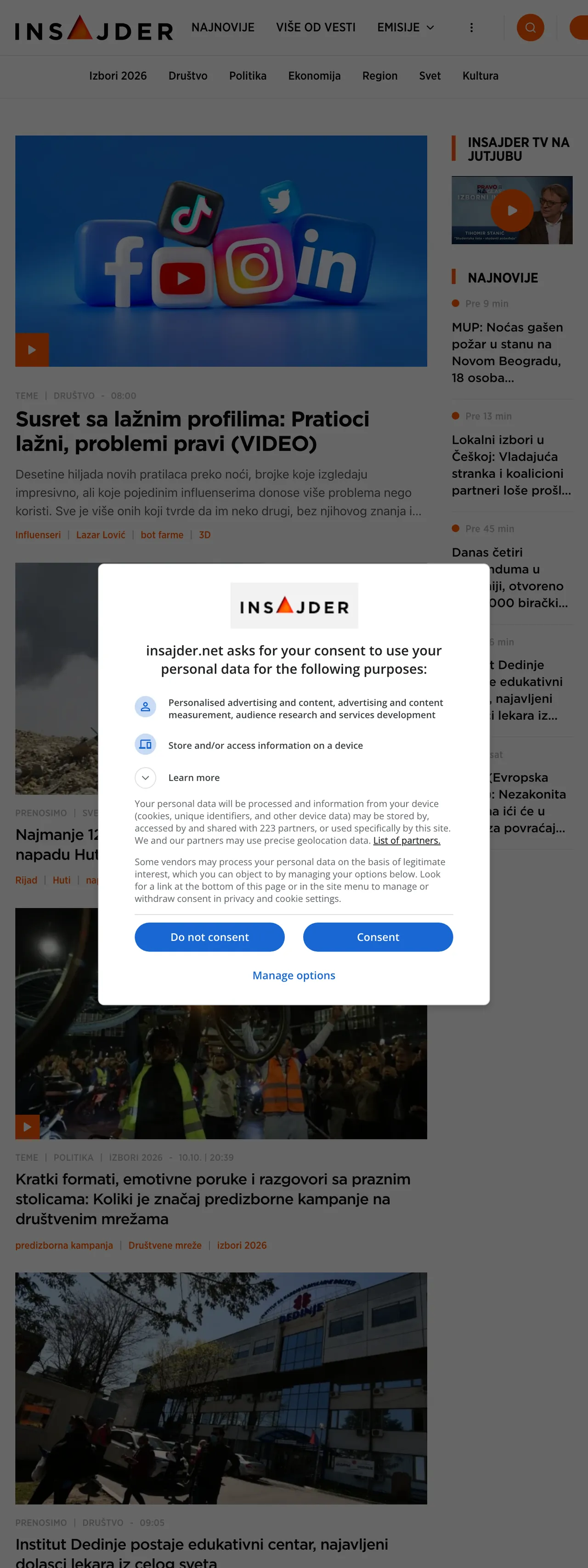 Screenshot of the Insajder front page