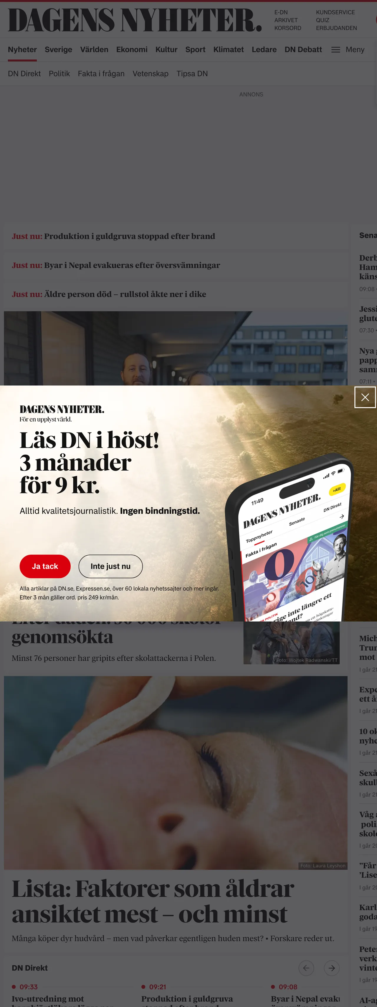 Screenshot of the Dagens Nyheter front page