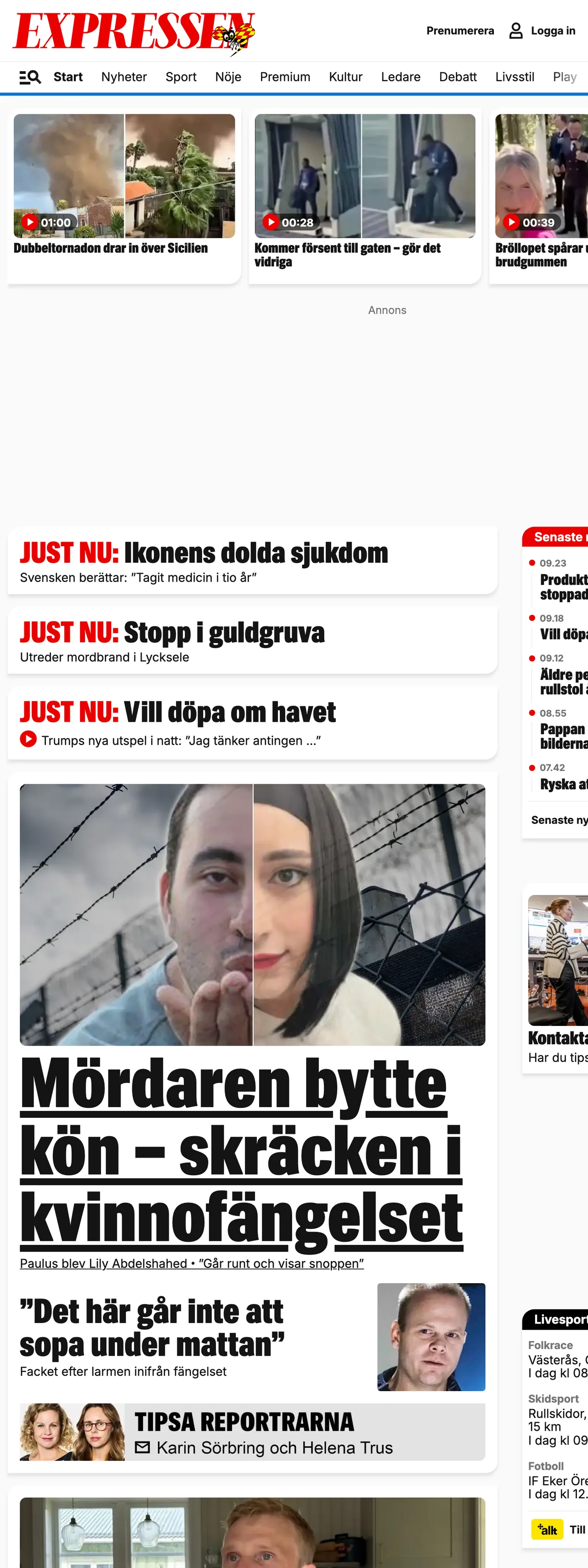 Screenshot of the Expressen front page