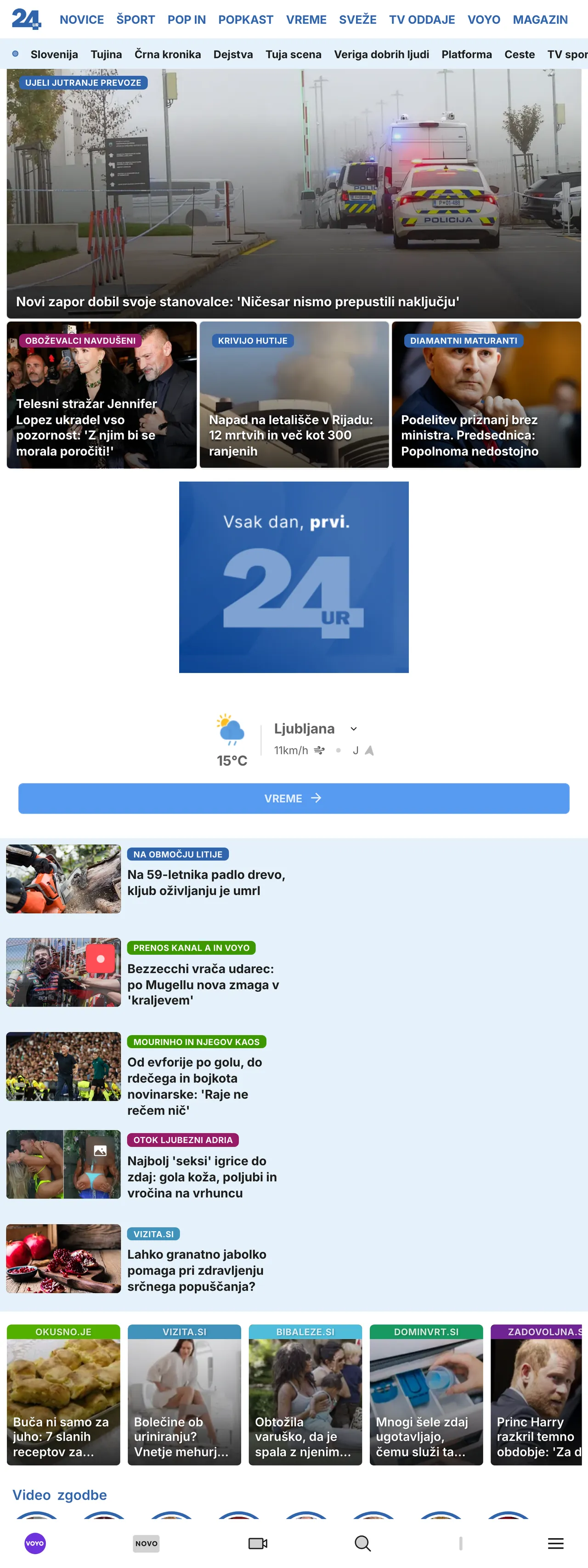 Screenshot of the 24ur front page