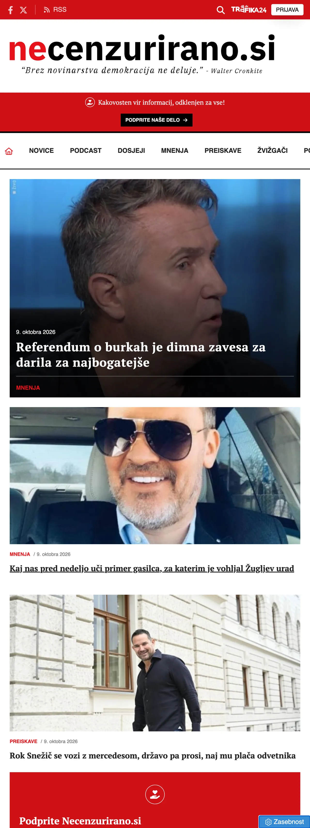 Screenshot of the Necenzurirano front page