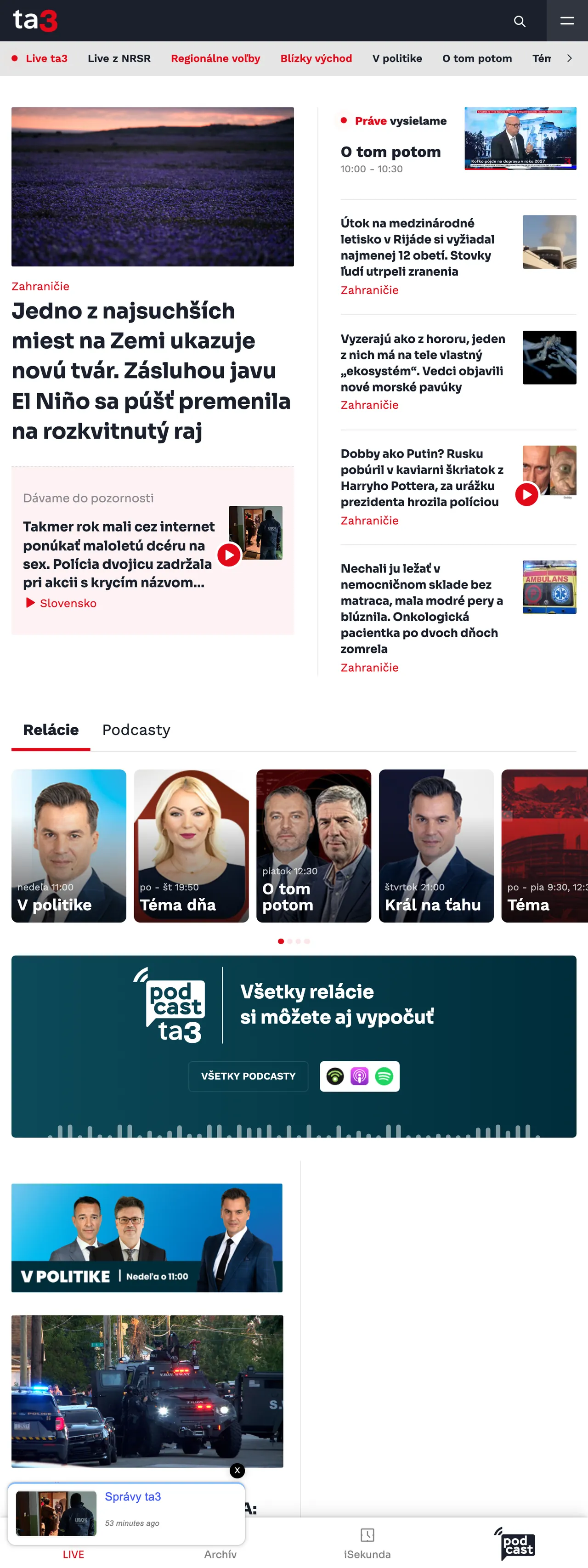 Screenshot of the TA3 front page