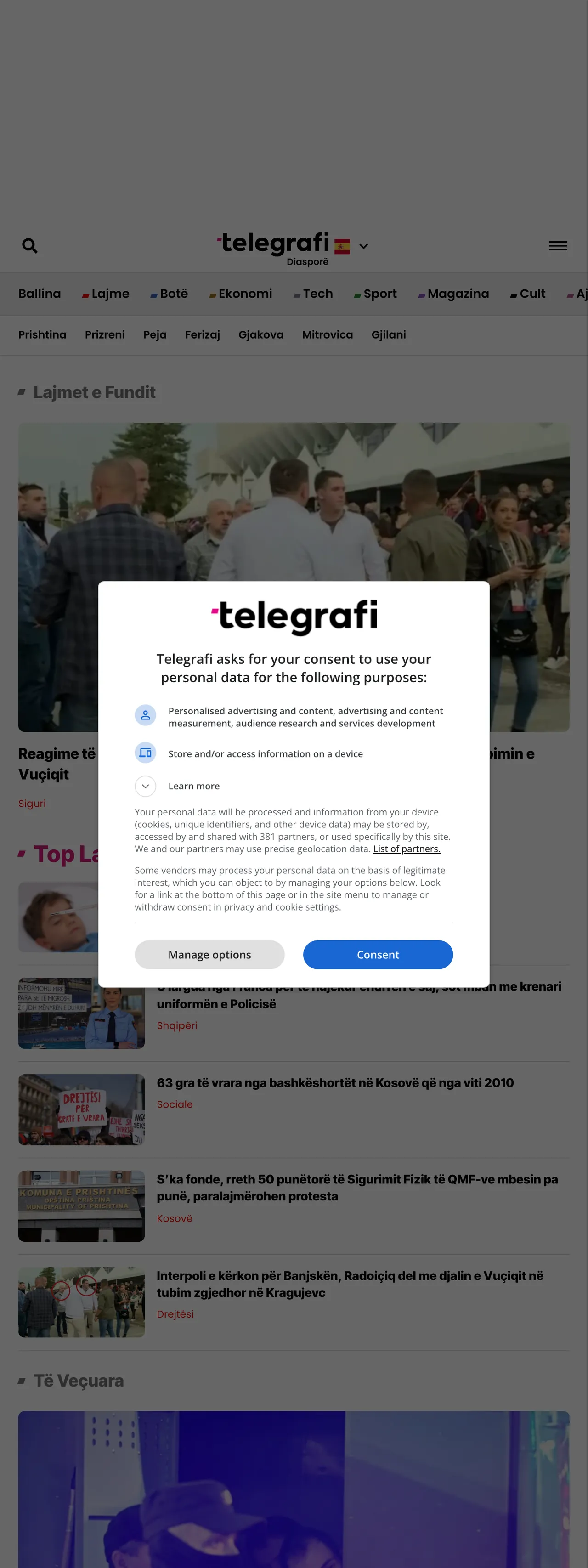Screenshot of the Telegrafi front page
