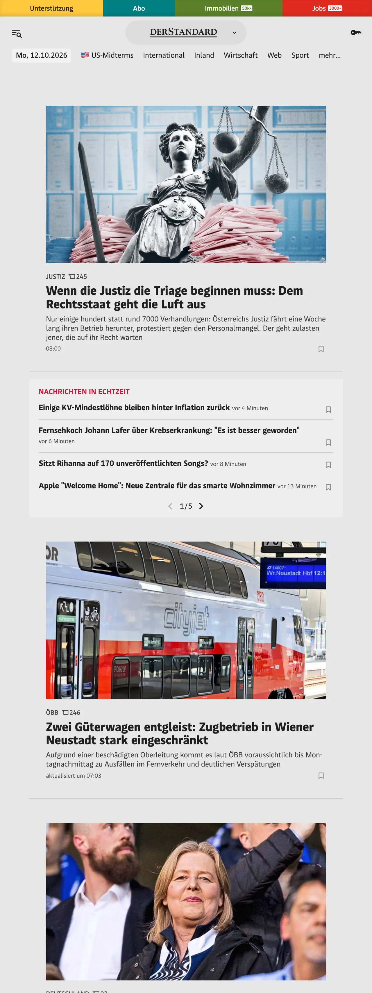 Screenshot of the DER STANDARD front page