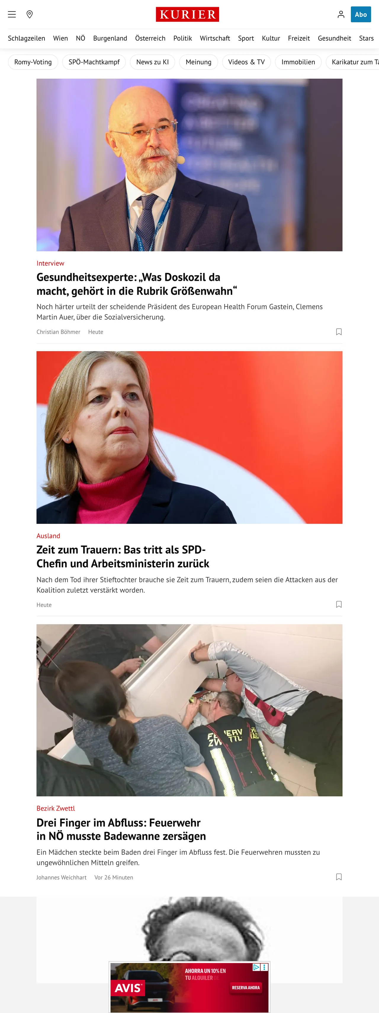 Screenshot of the Kurier front page