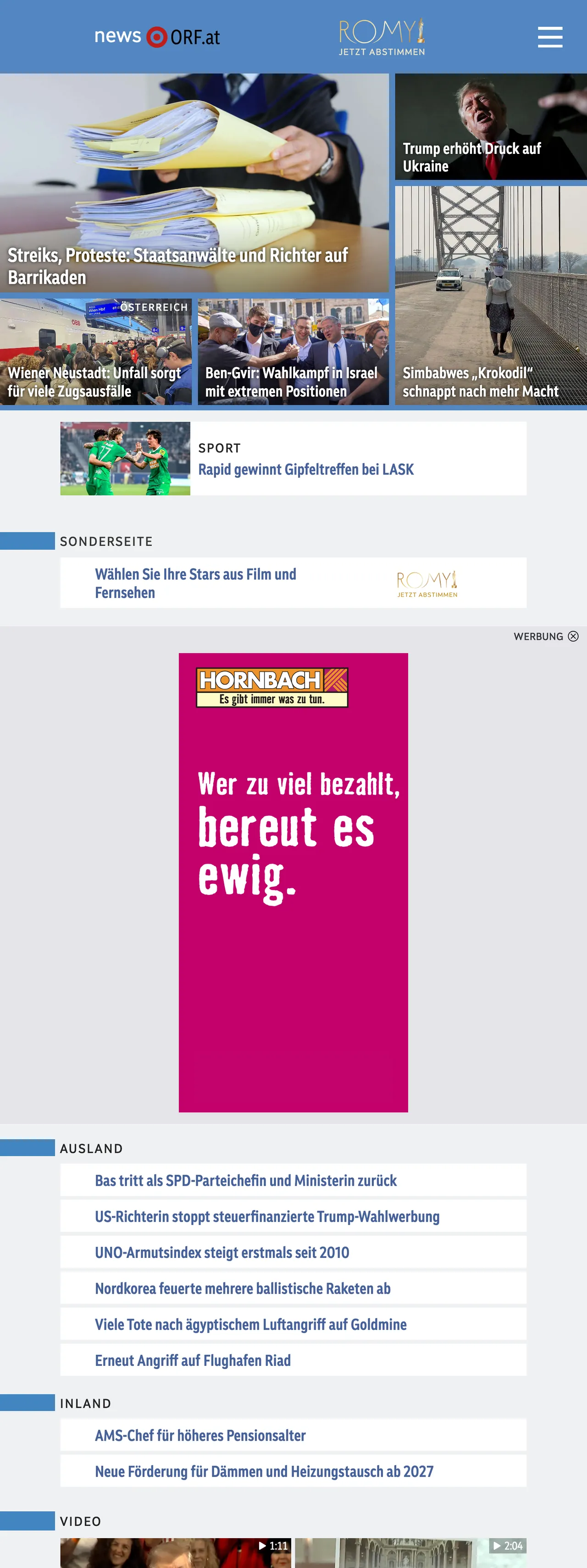 Screenshot of the ORF front page