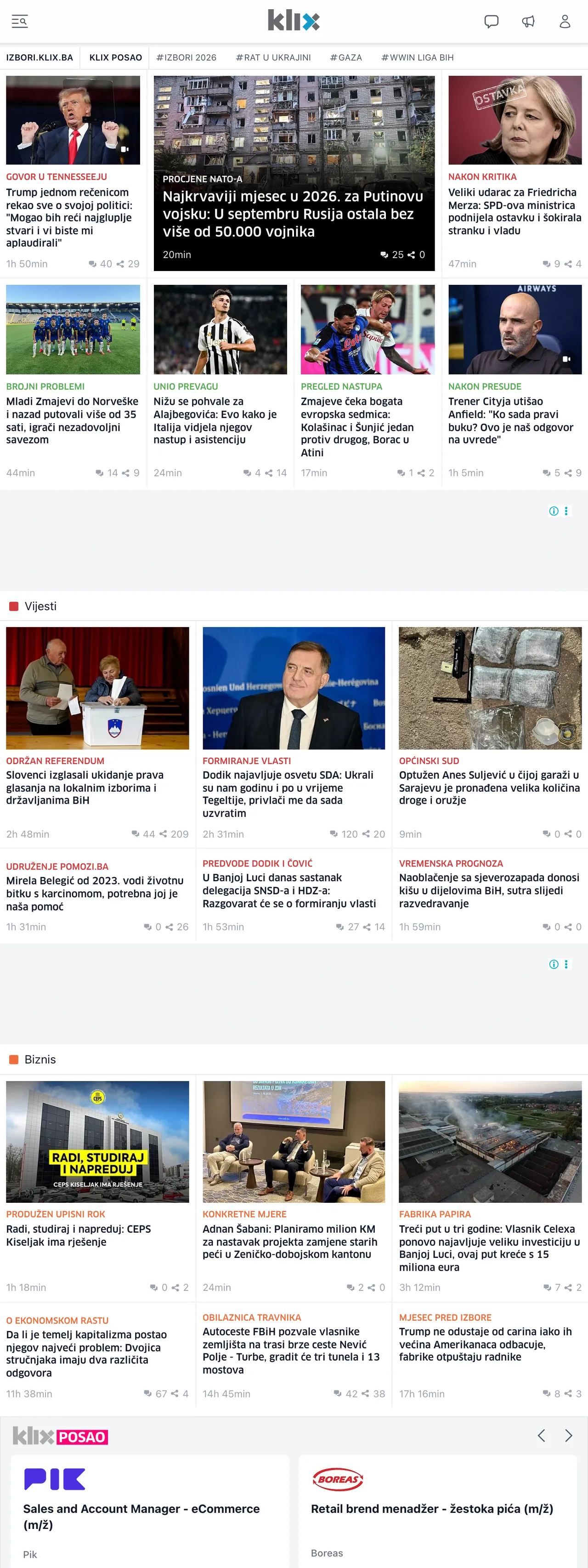 Screenshot of the Klix.ba front page