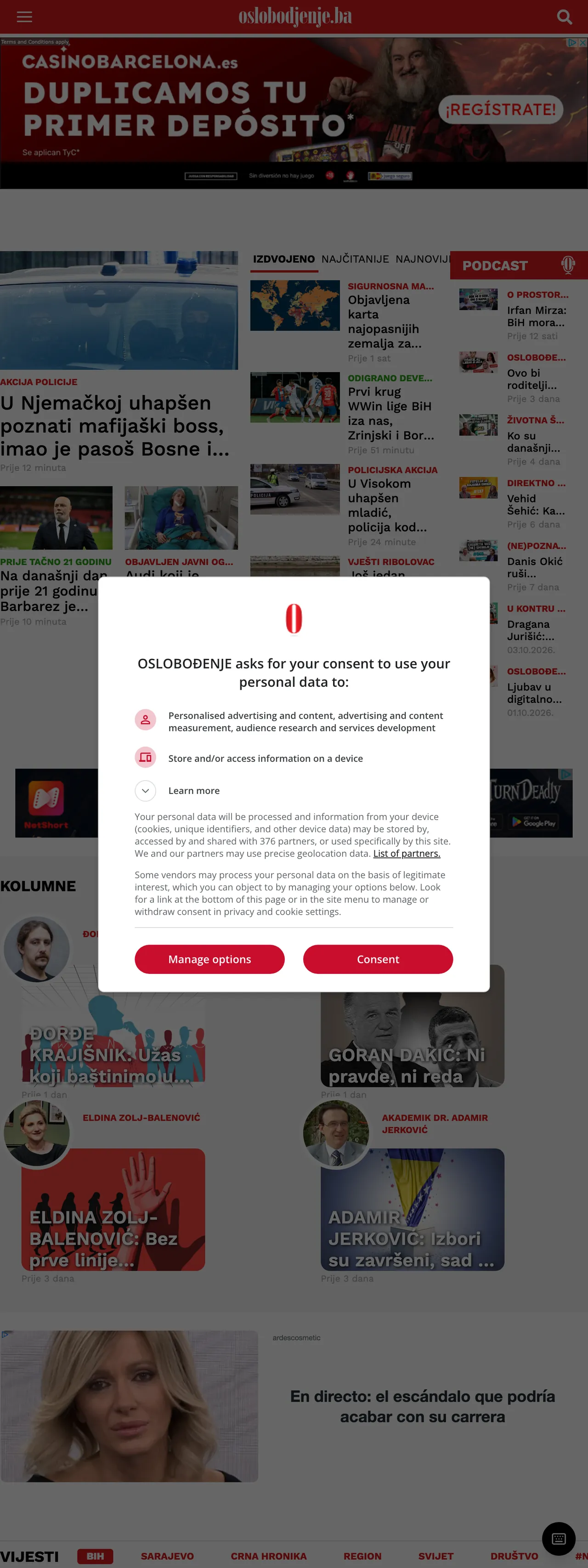 Screenshot of the Oslobođenje front page