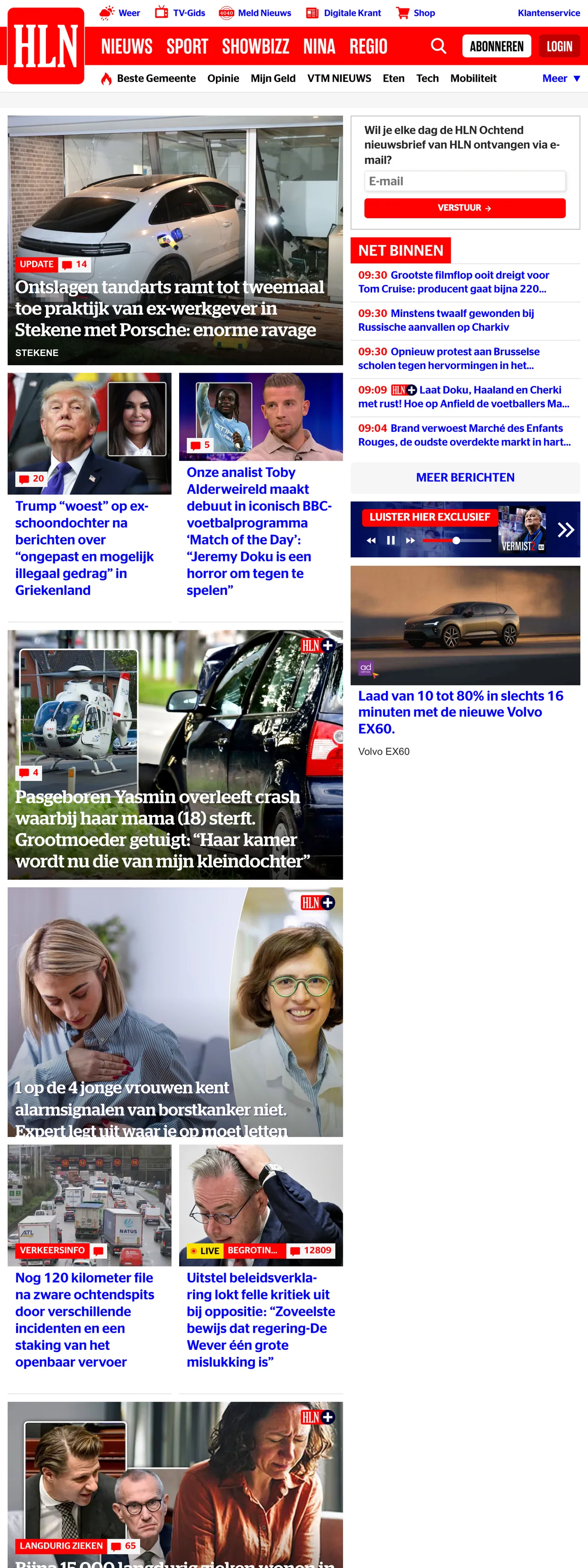 Screenshot of the HLN front page