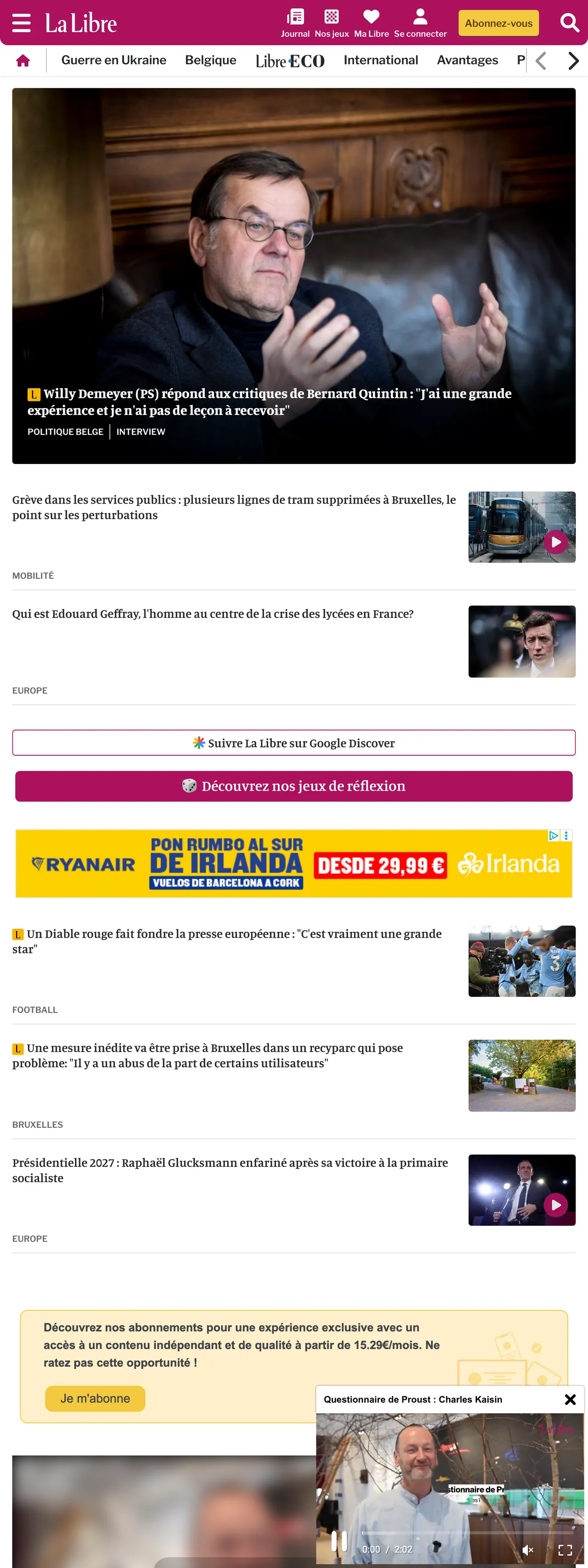 Screenshot of the La Libre front page