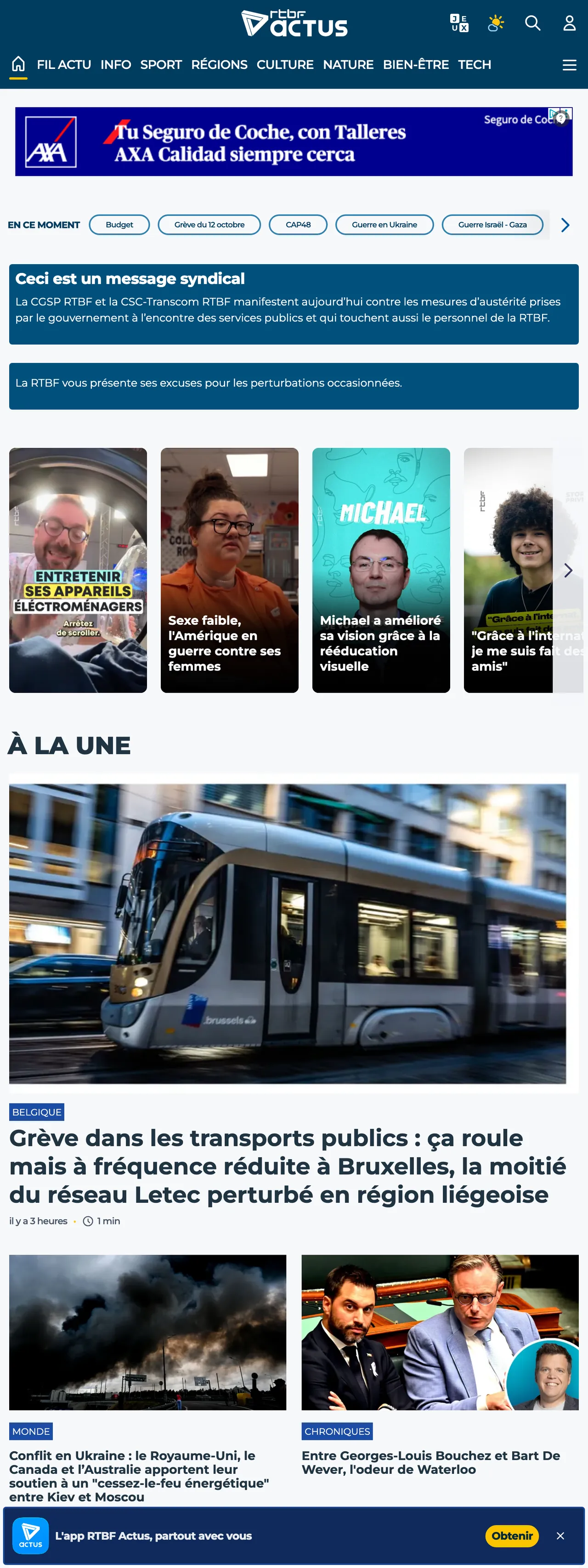 Screenshot of the RTBF front page