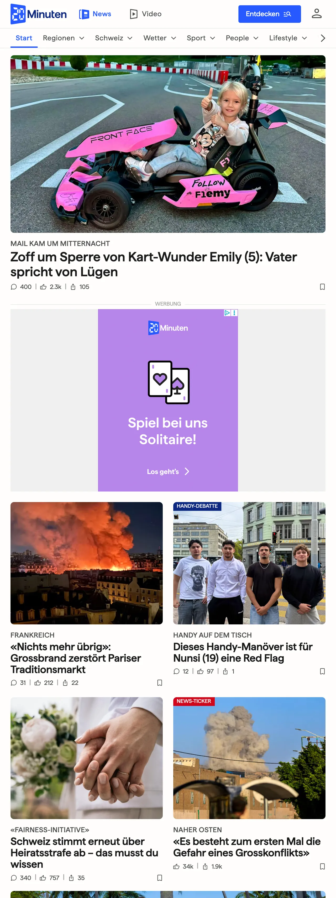 Screenshot of the 20 Minuten front page