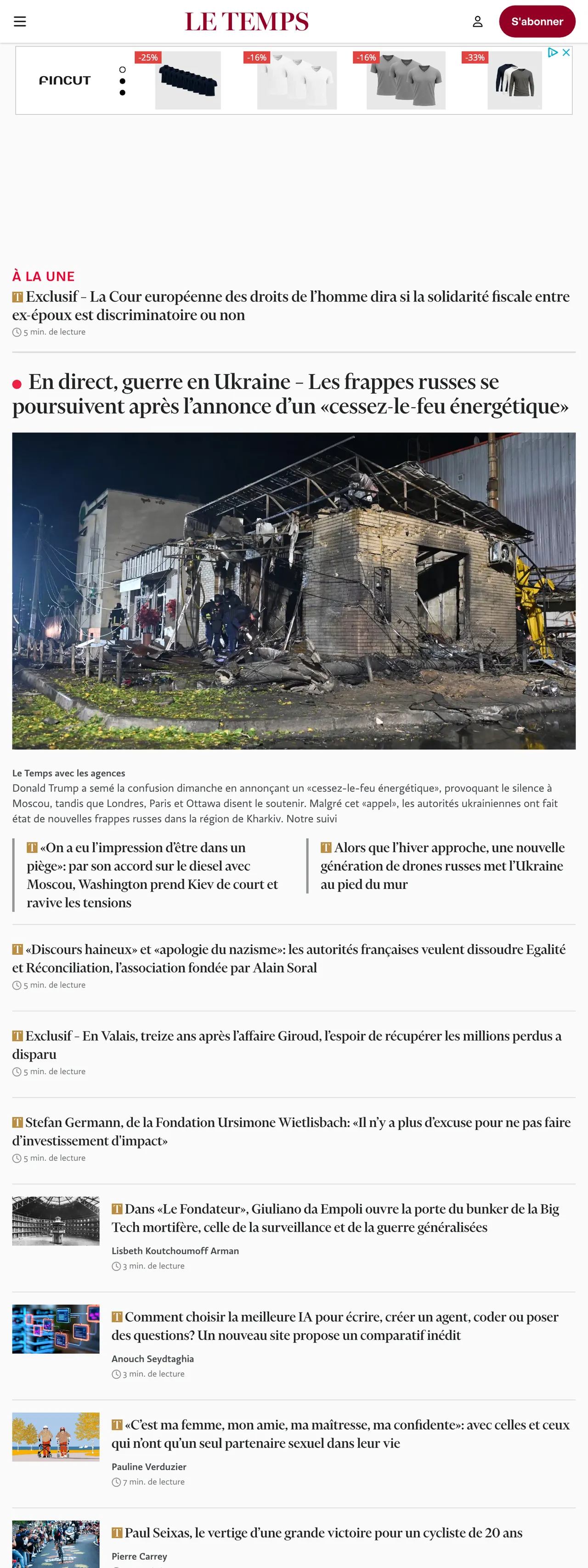 Screenshot of the Le Temps front page