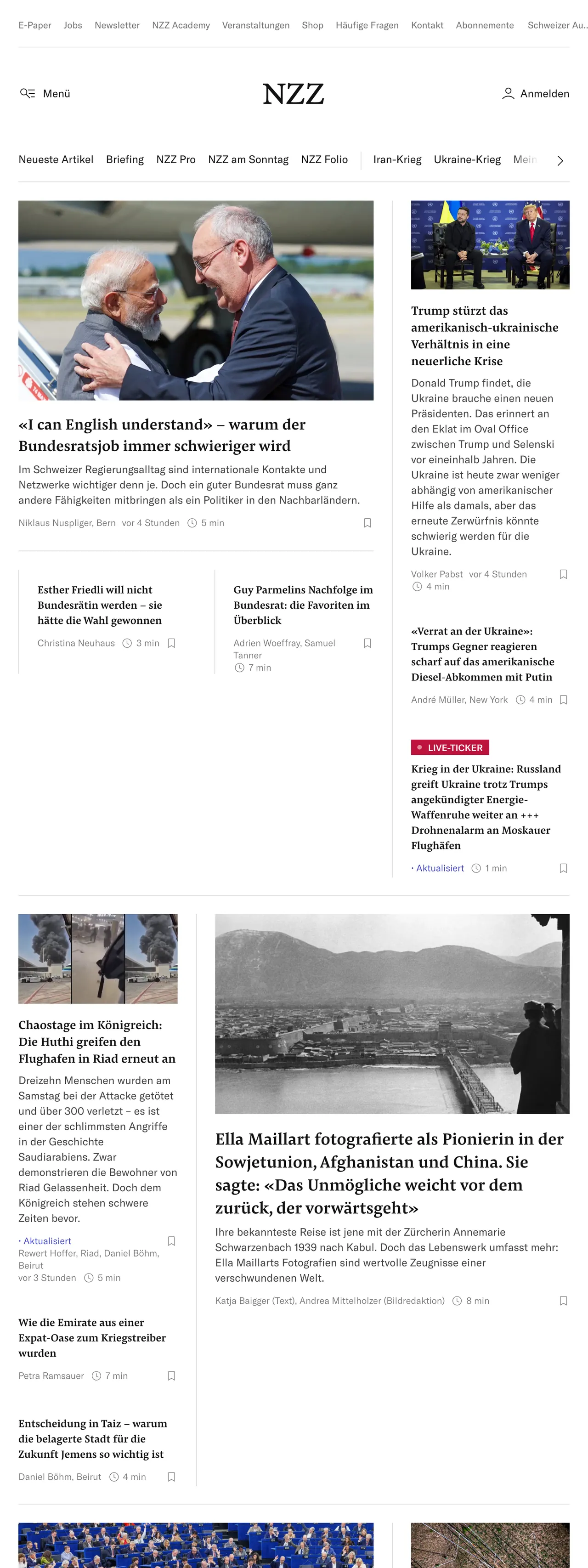 Screenshot of the Neue Zürcher Zeitung front page