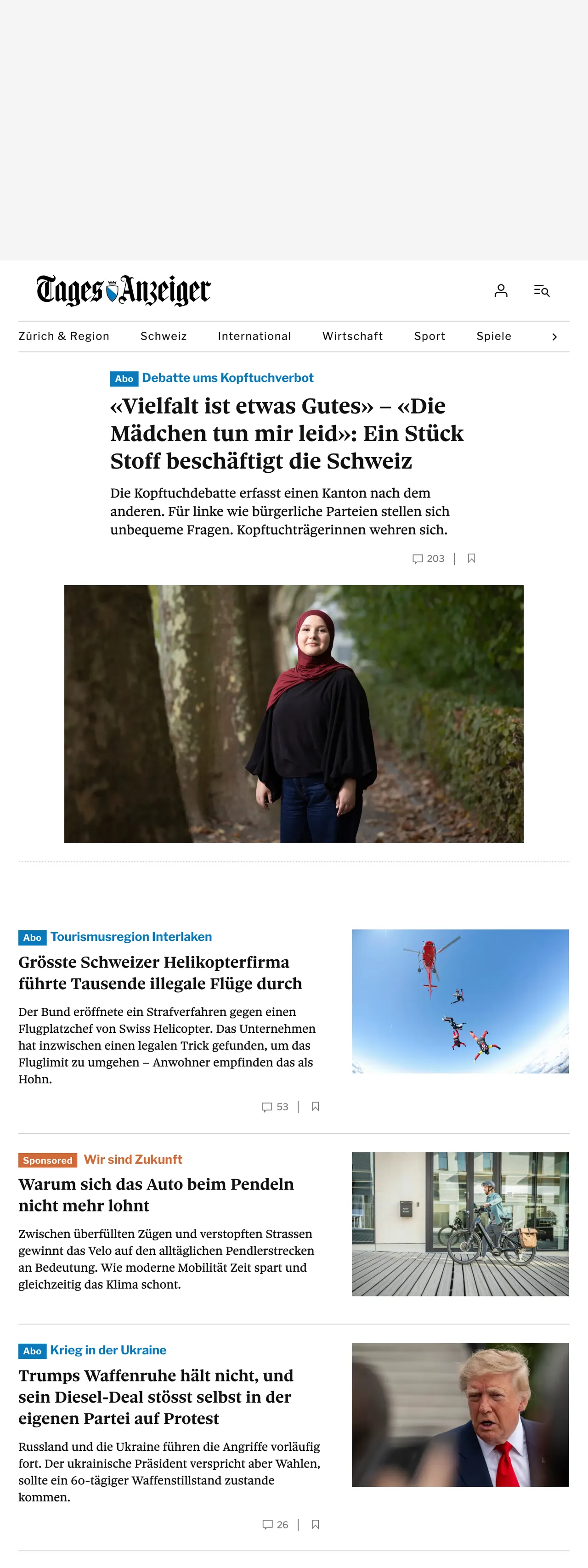 Screenshot of the Tages-Anzeiger front page