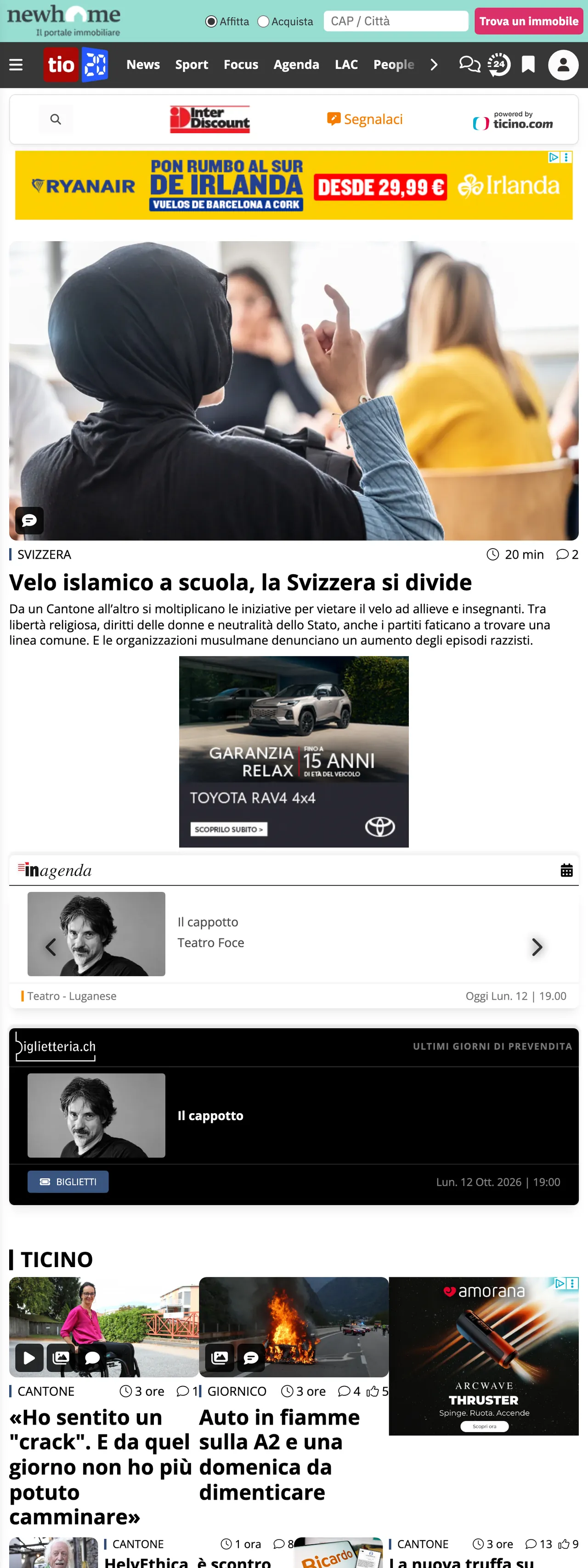 Screenshot of the Ticinonline front page