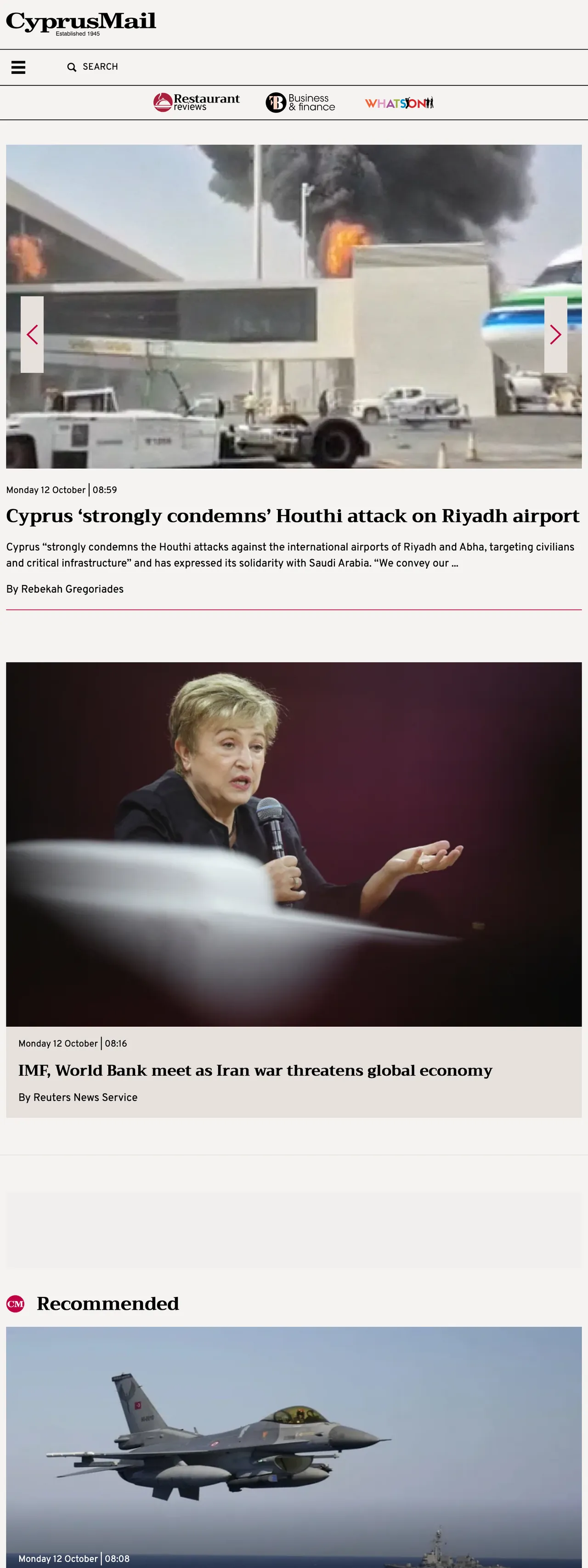 Screenshot of the Cyprus Mail front page