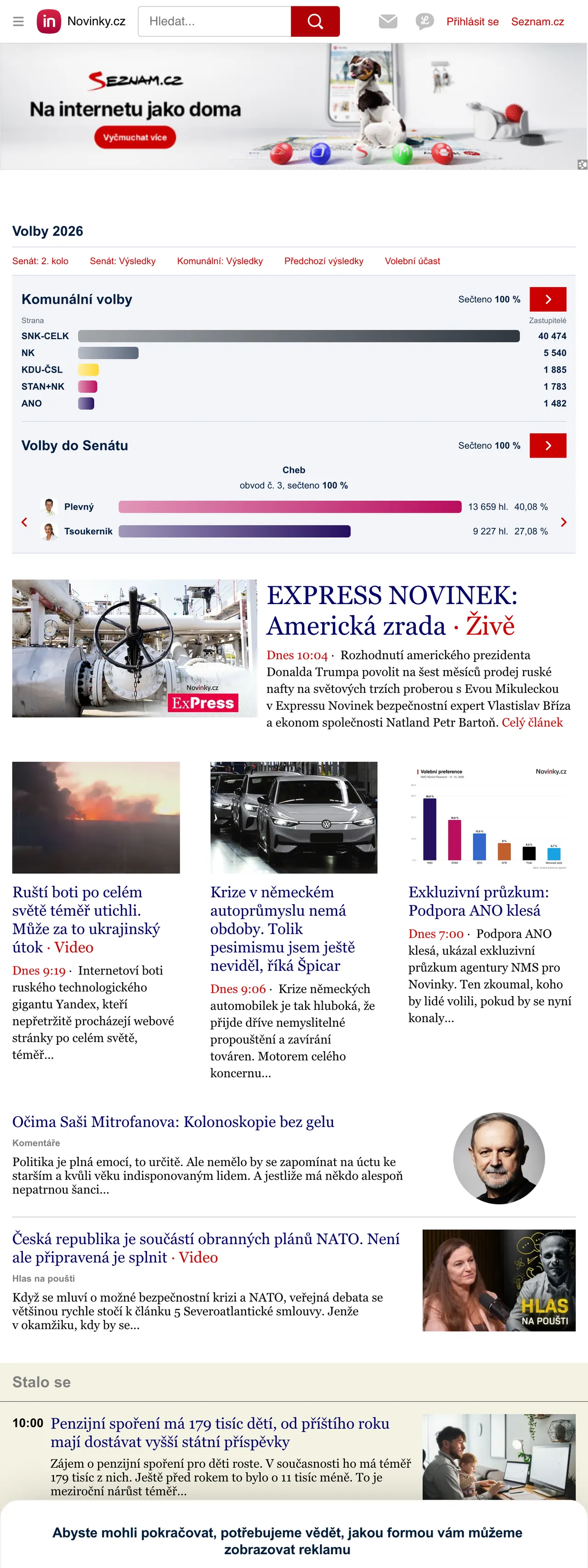 Screenshot of the Novinky.cz front page