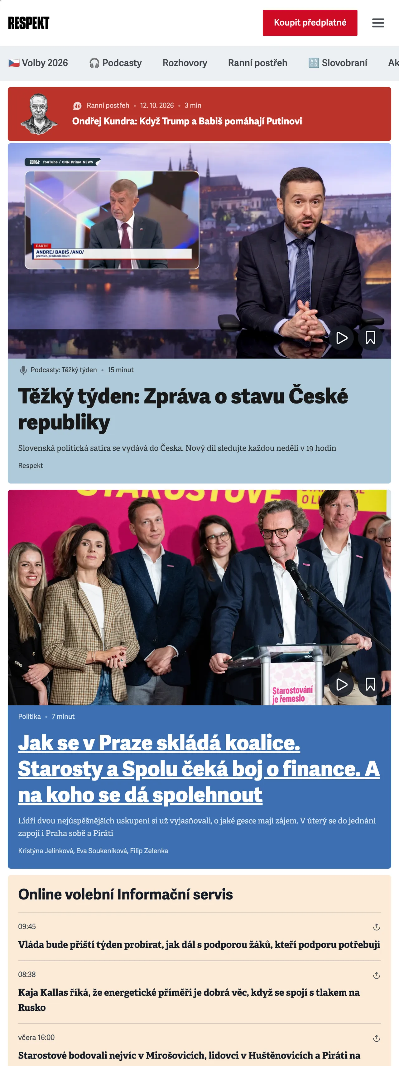 Screenshot of the Respekt front page