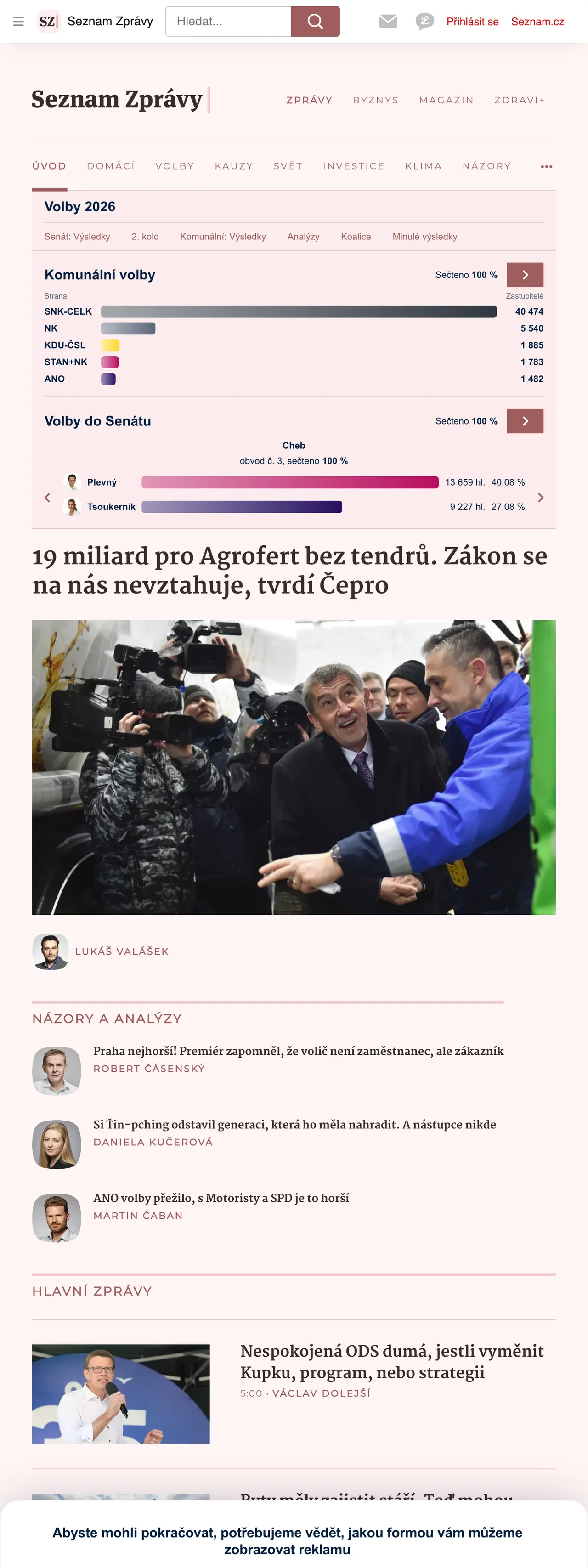 Screenshot of the Seznam Zprávy front page