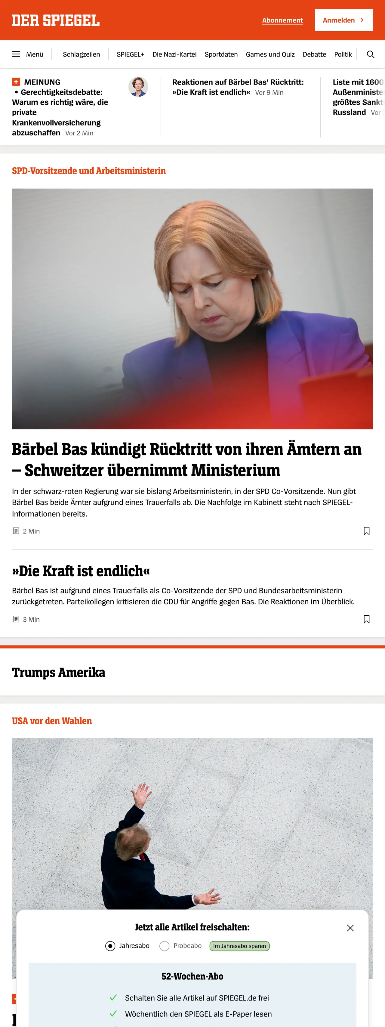 Screenshot of the DER SPIEGEL front page