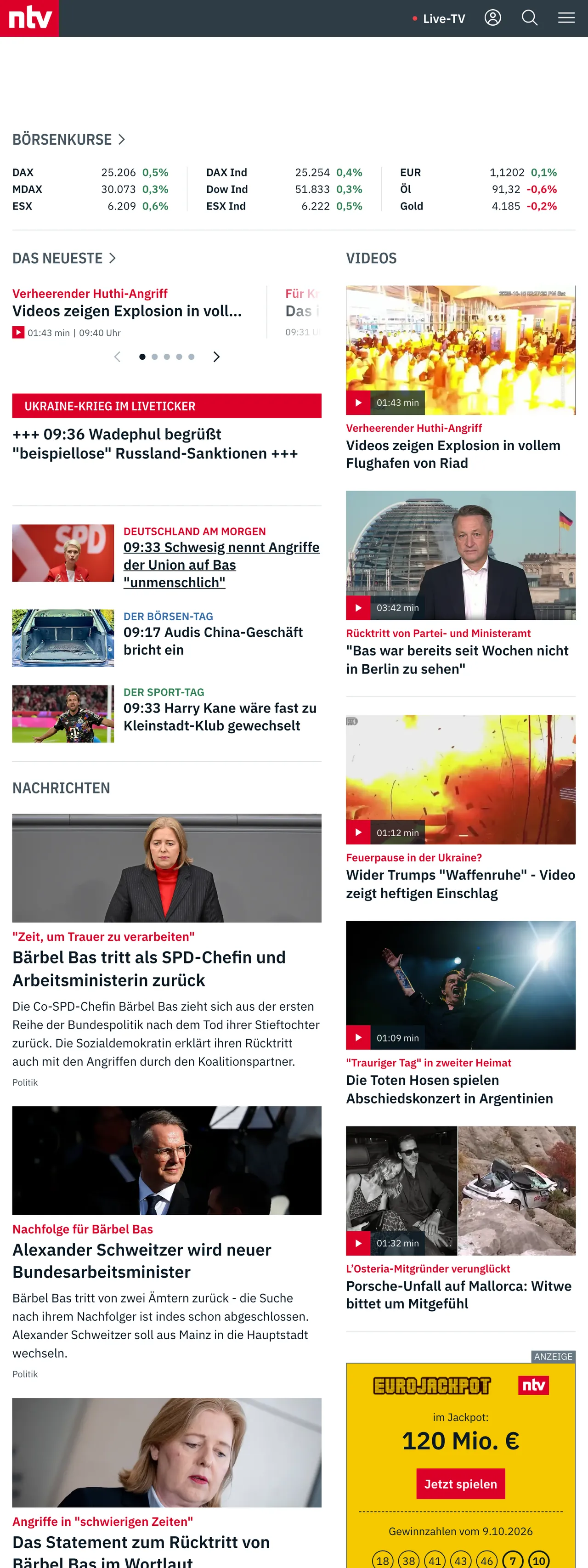 Screenshot of the n-tv front page