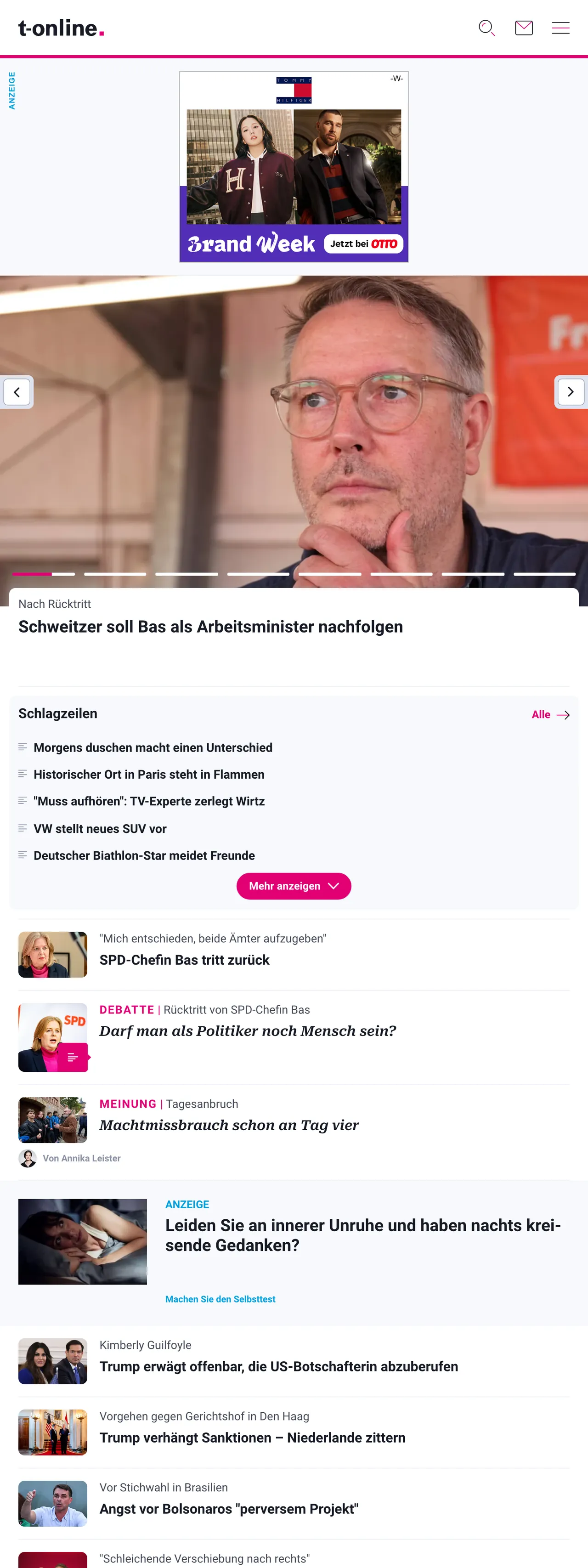 Screenshot of the t-online front page