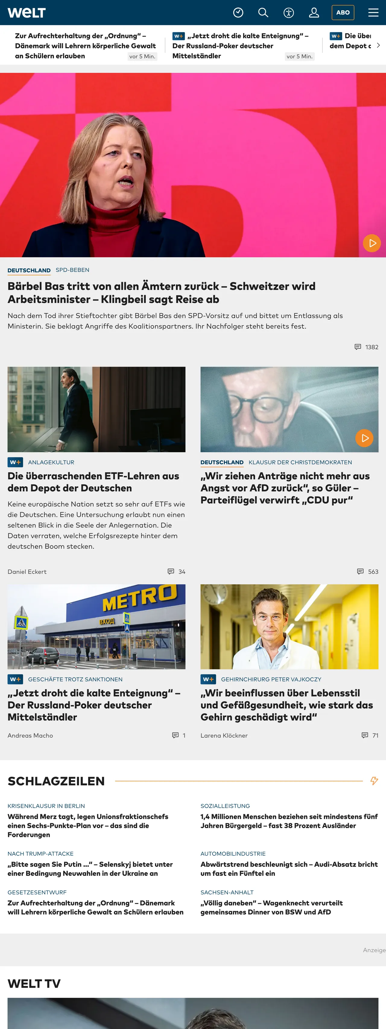 Screenshot of the WELT front page