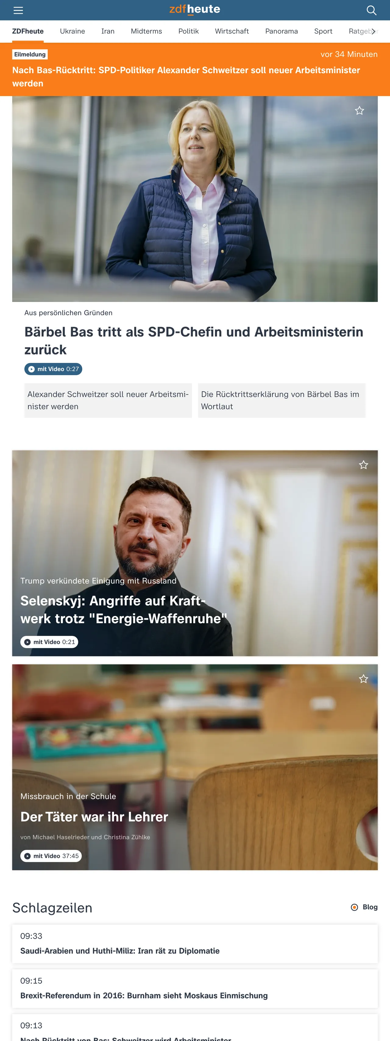 Screenshot of the ZDFheute front page