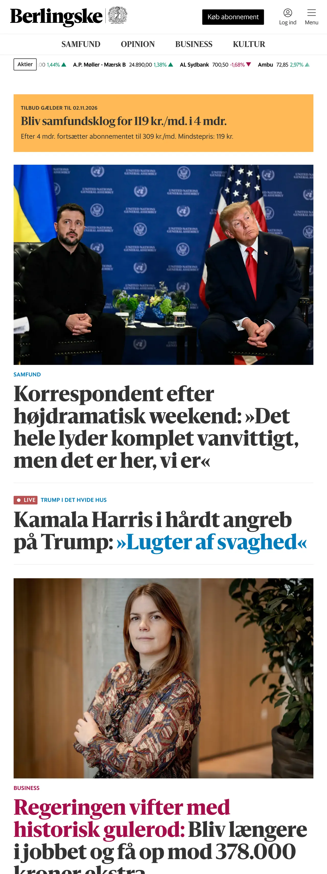 Screenshot of the Berlingske front page
