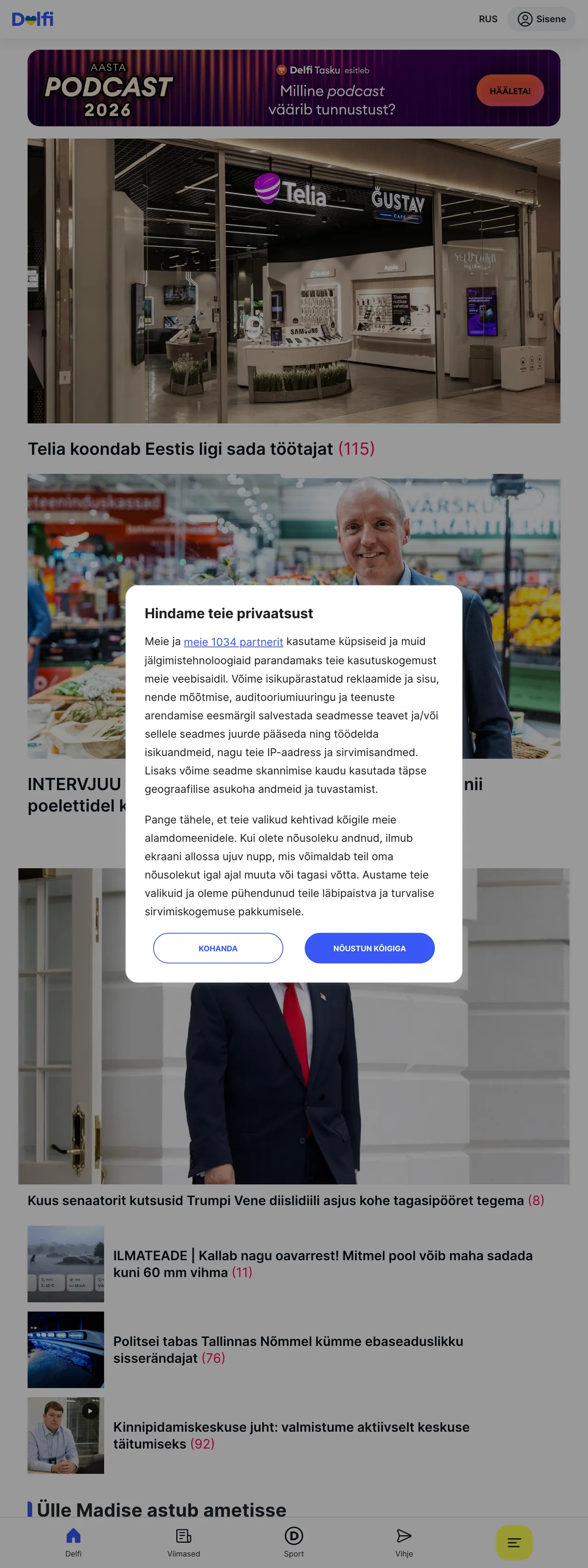 Screenshot of the Delfi front page