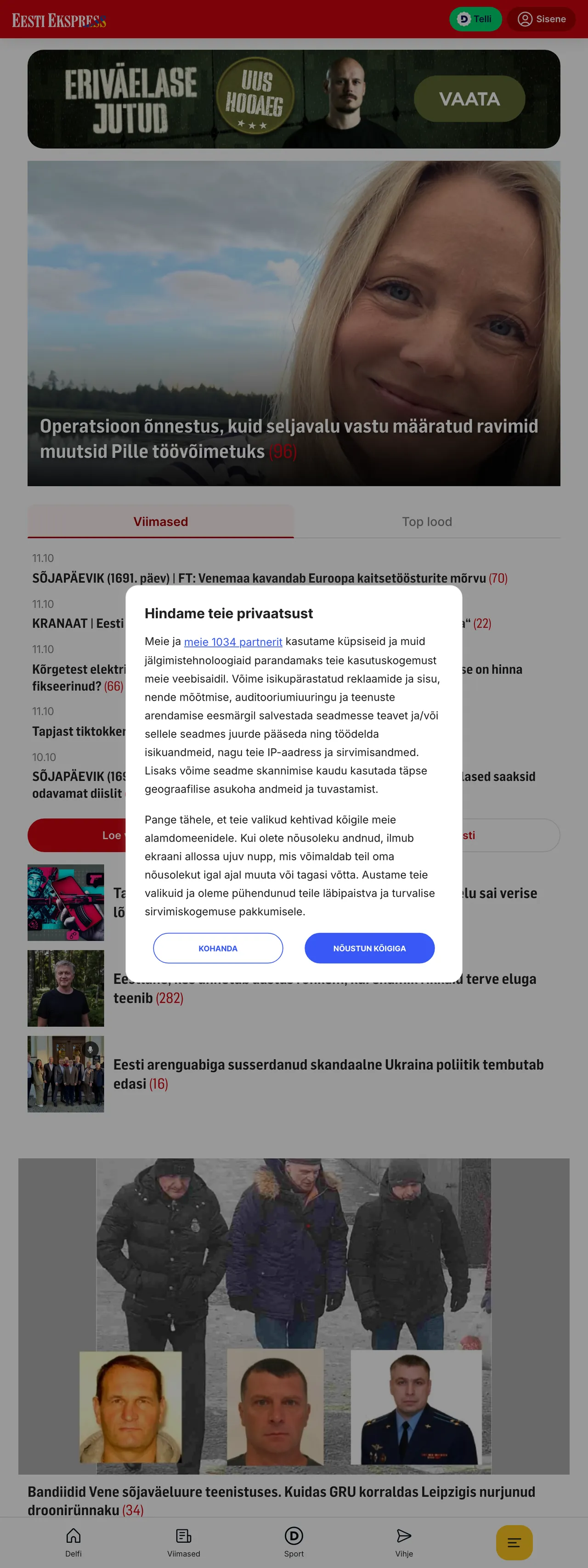 Screenshot of the Eesti Ekspress front page