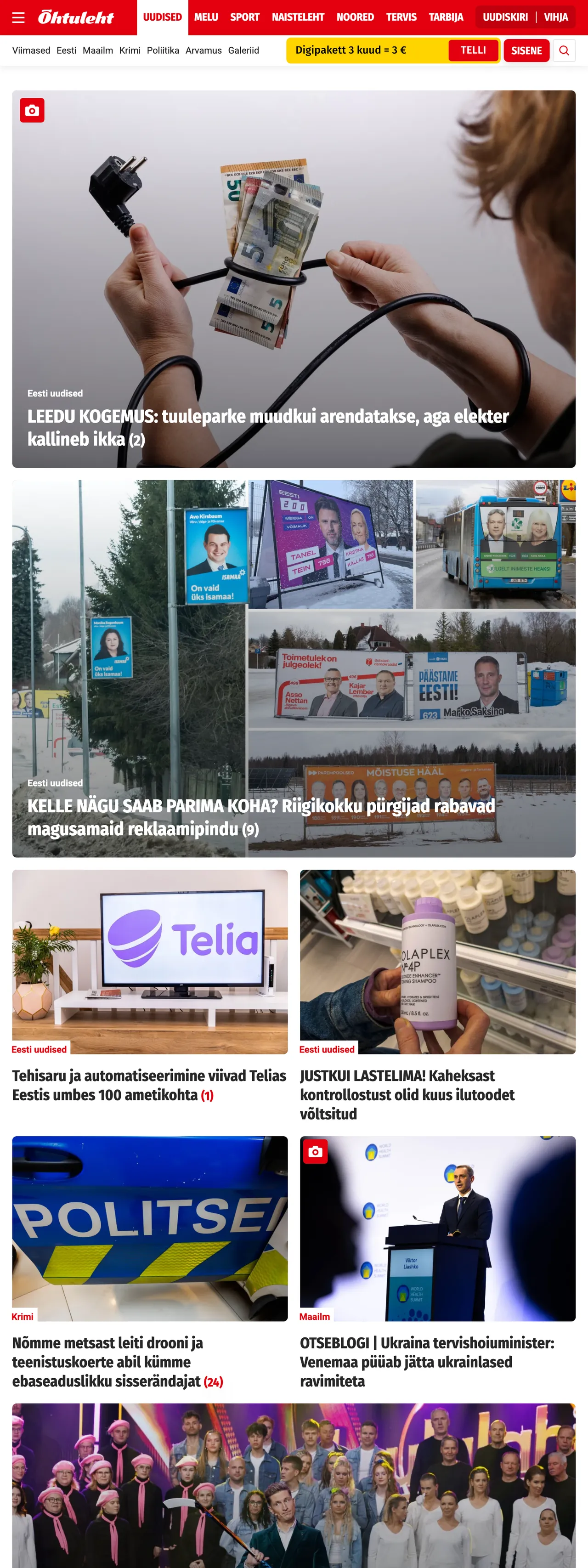Screenshot of the Õhtuleht front page